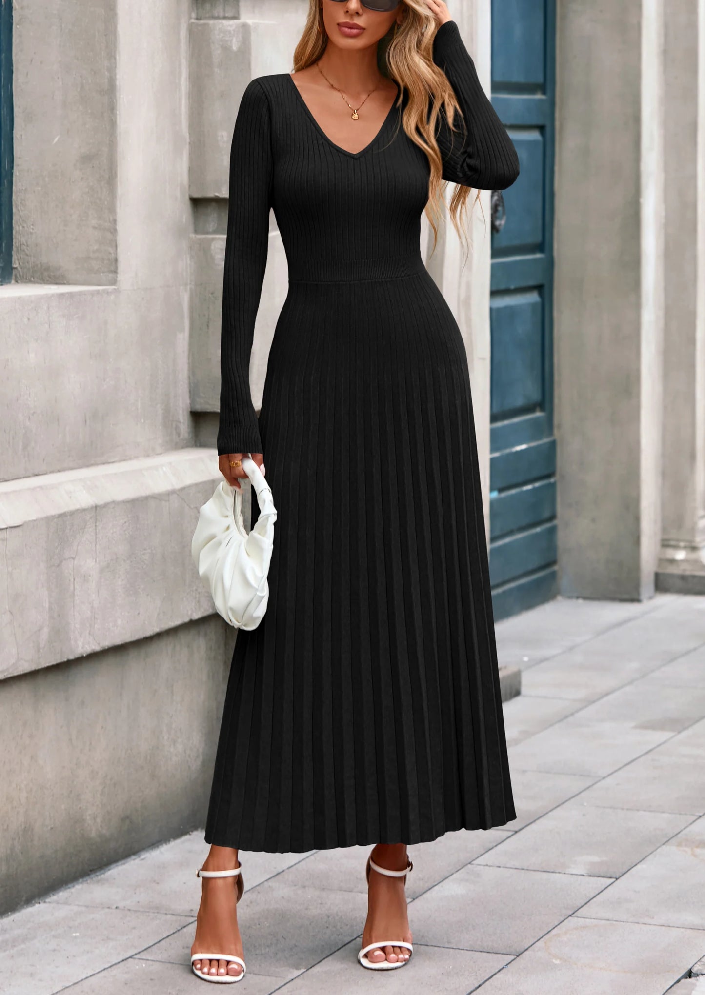 Women Sweater Dress Fall Fashion Long Sleeve V Neck Ribbed Knit Pleated A Line Elegant Maxi Winter Dresses