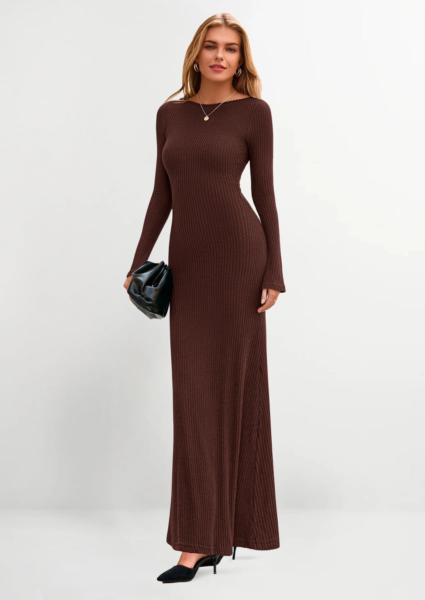 Women's Fall Fashion Long Sleeve Maxi Dress Ribbed Knit Boat Neck Bodycon Casual Dresses Going Out Outfits