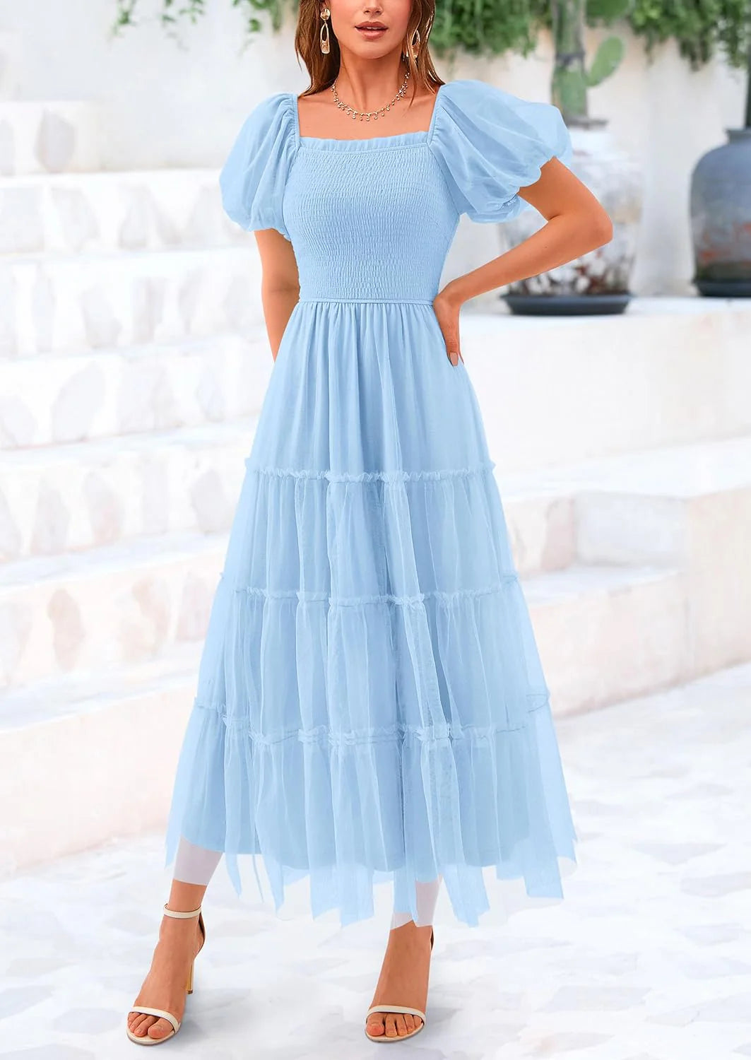 Women's Smocked Tulle Midi Dress Square Neck Puffy Short Sleeve Ruffle Wedding Guest Party Dresses