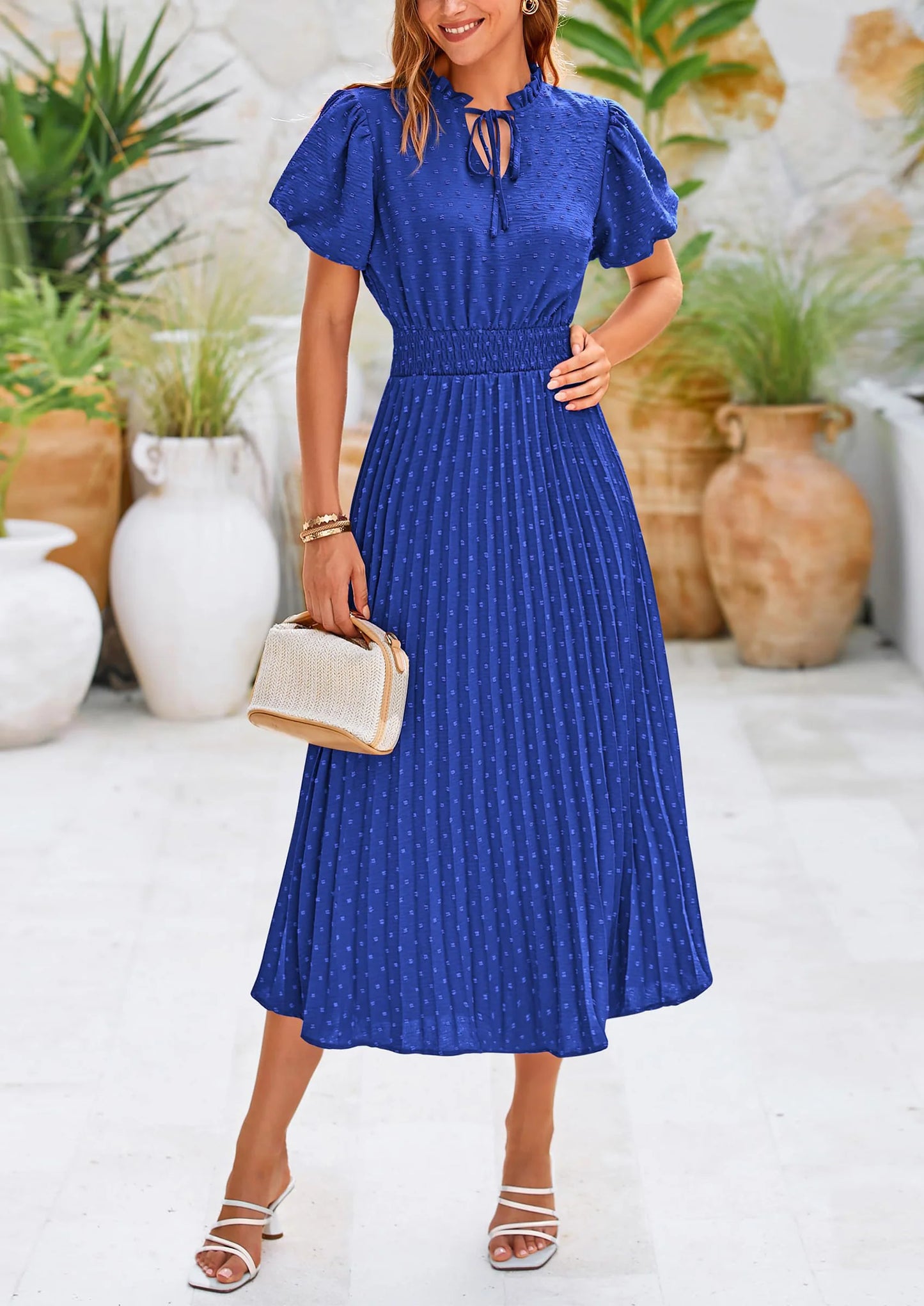 Womens Midi Dresses Puff Short Sleeve V Neck Swiss Dot Pleated A Line Flowy Long Wedding Guest Dress