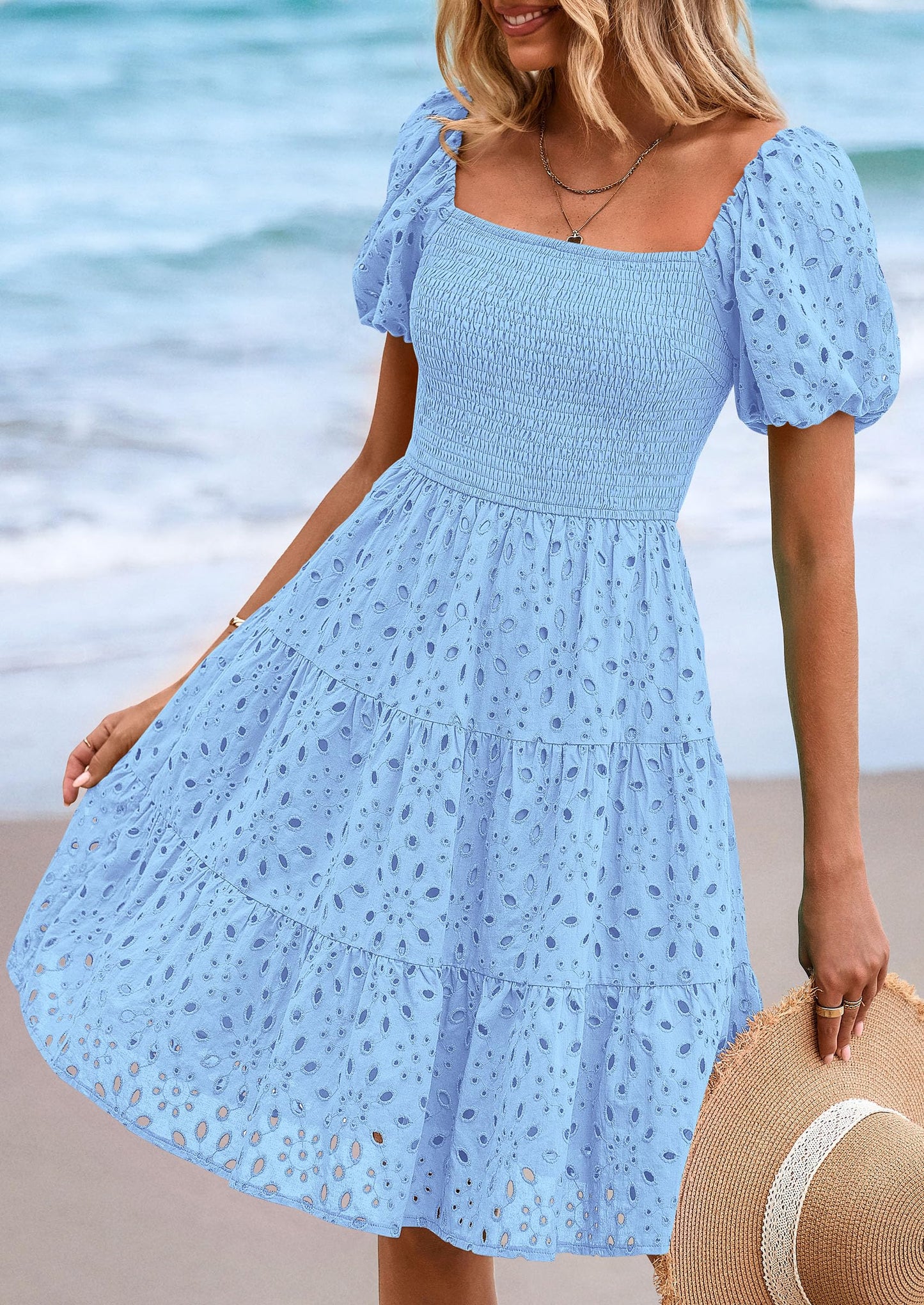 Womens Summer Puff Sleeve Mini Dress Off Shoulder Eyelet Smocked A Line Casual Babydoll Short Dresses
