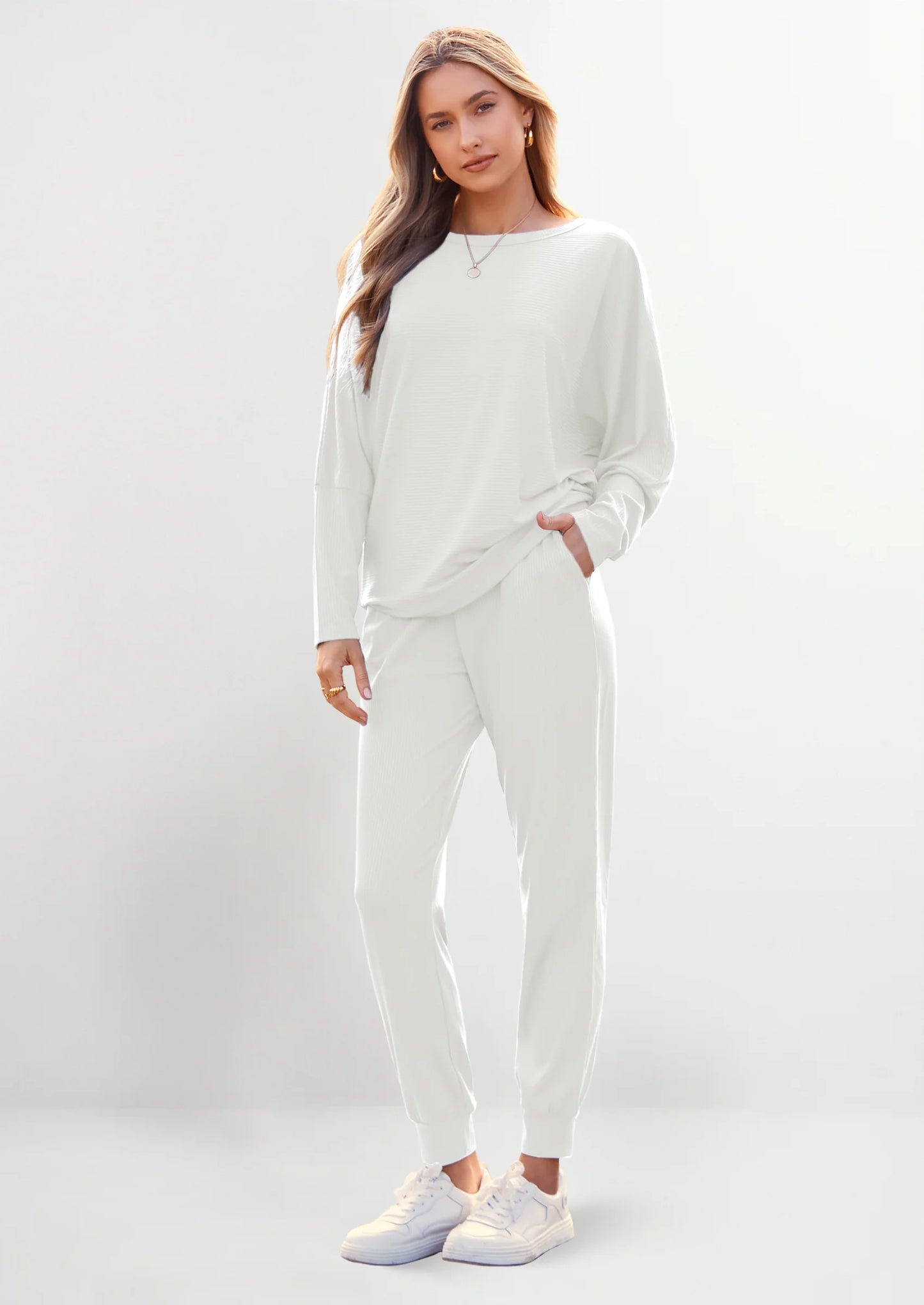 Women's Fall 2 Piece Lounge Set Long Sleeve Tops Ribbed Pants Spring Matching Sweatsuit Travel Outfits Clothes