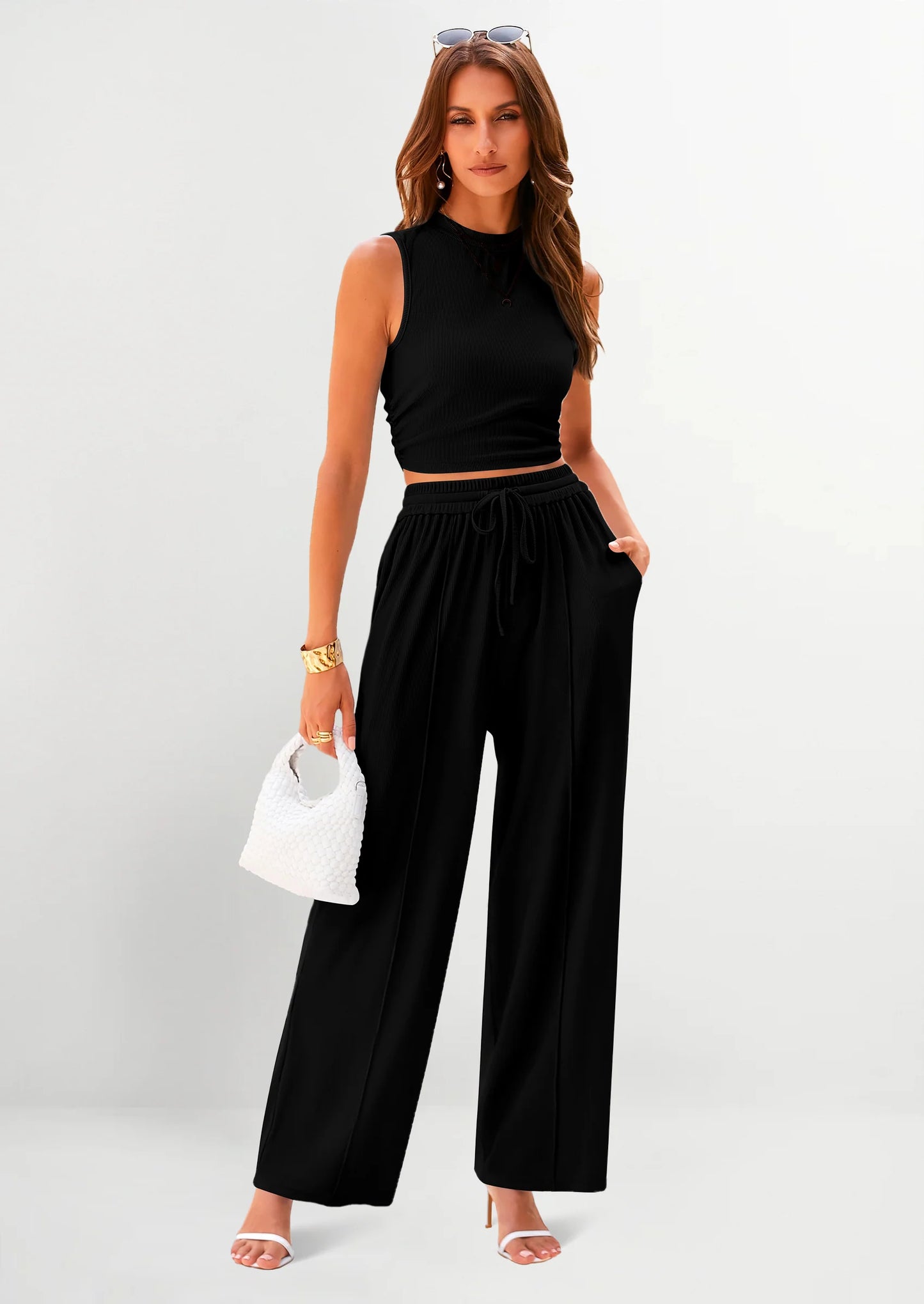 2 Piece Sets Sleeveless Tank Ribbed Travel Vacation Lounge Wear Outfits