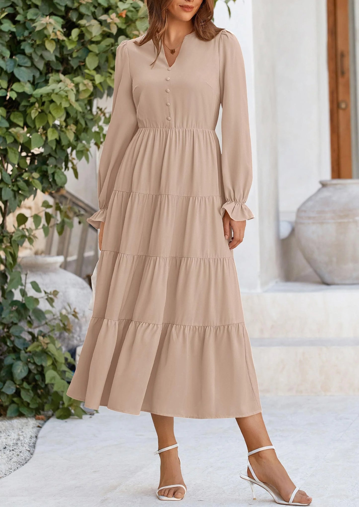 Women Fall Long Sleeve Smocked Maxi Dress Casual Square Neck Swiss Dot Tiered Ruffle Flowy Spring Pocket Dresses