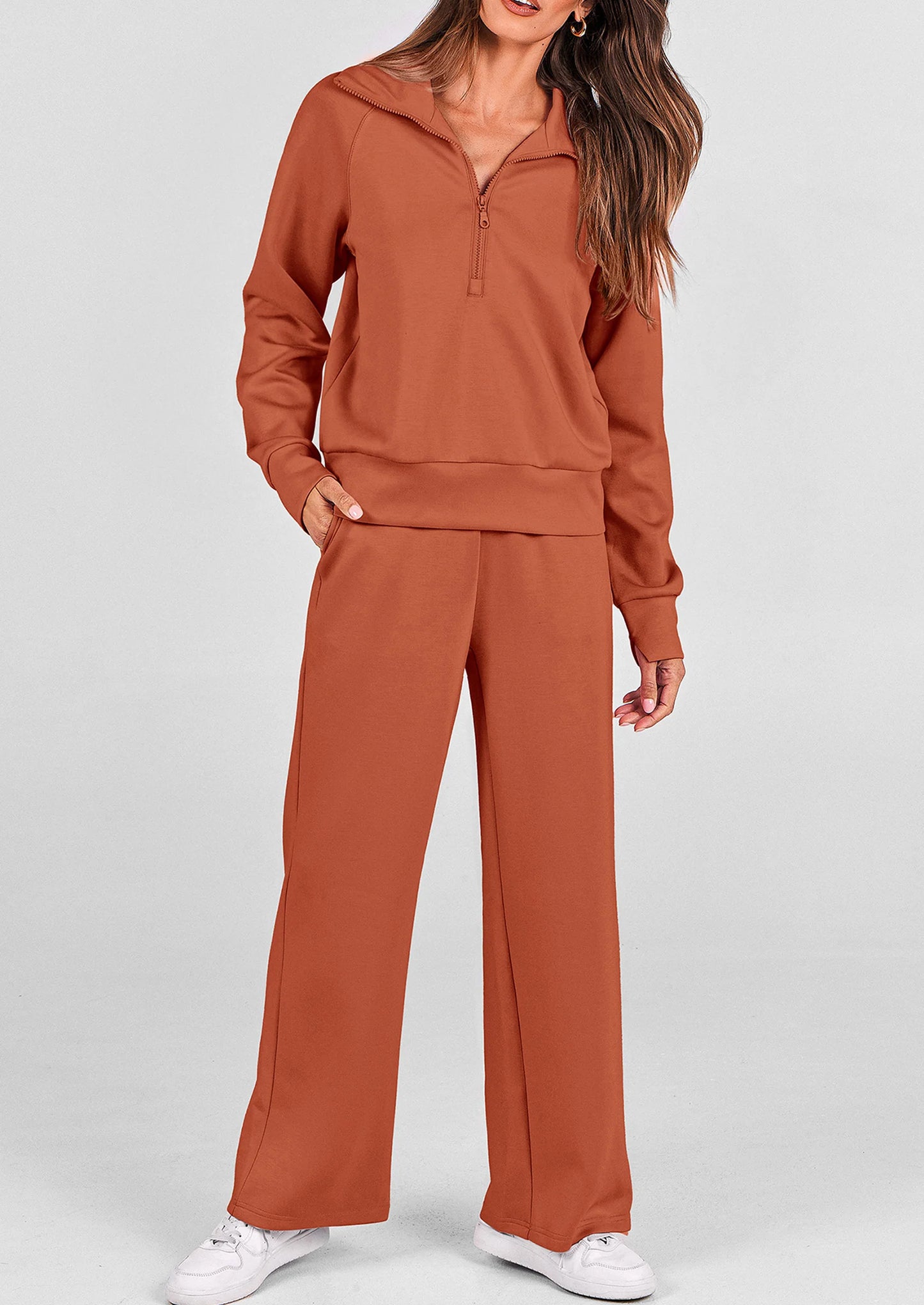 Women's 2 Piece Outfits Casual Lapel Half Zip Sweatshirts And Wide Leg Pants Tracksuit Sets