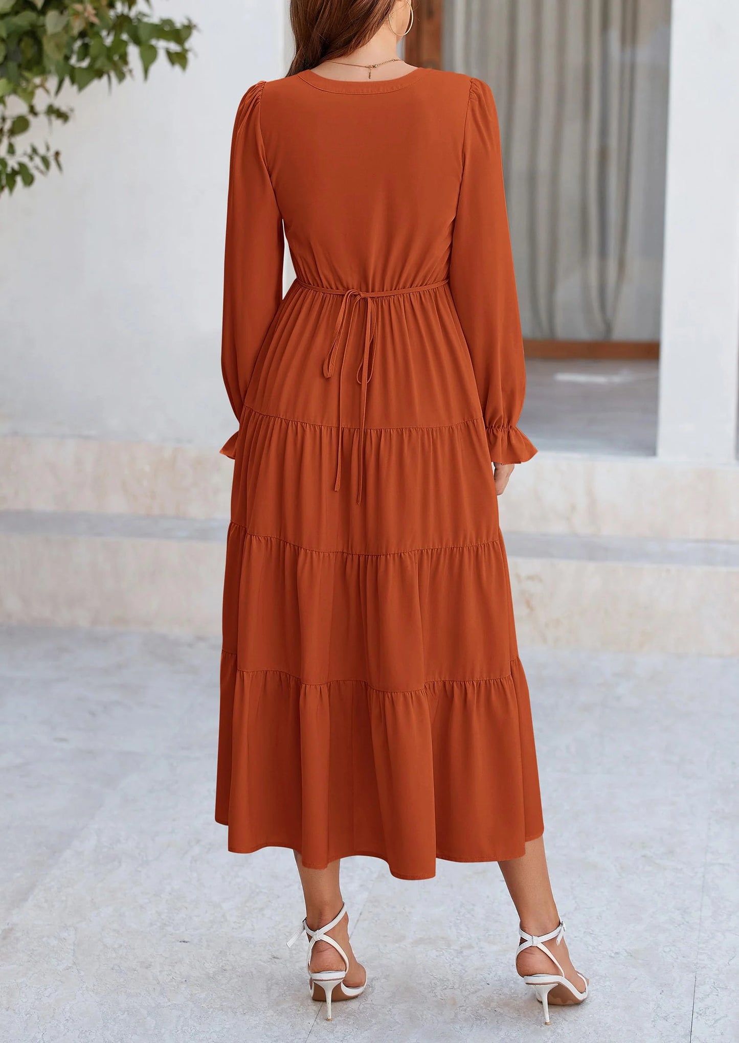 Women Fall Long Sleeve Smocked Maxi Dress Casual Square Neck Swiss Dot Tiered Ruffle Flowy Spring Pocket Dresses