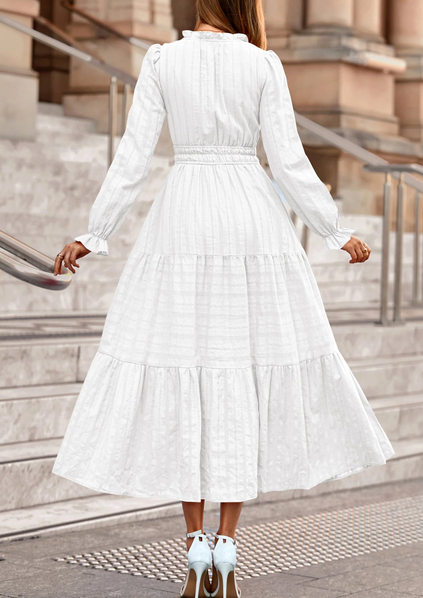 Women's Fall Wedding Guest Dresses Long Sleeve V Neck Flowy Elegant Holiday Party Maxi Dress with Pockets