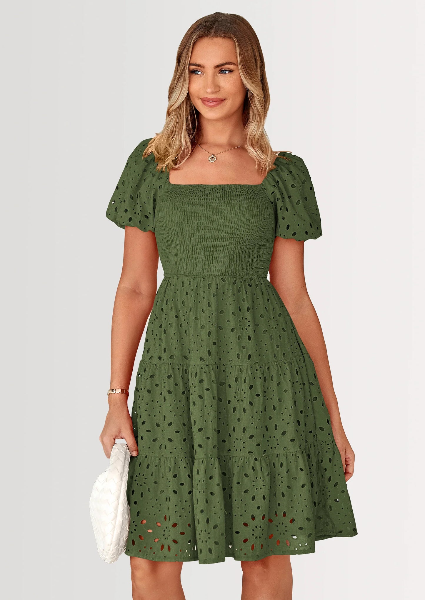 Womens Summer Puff Sleeve Mini Dress Off Shoulder Eyelet Smocked A Line Casual Babydoll Short Dresses