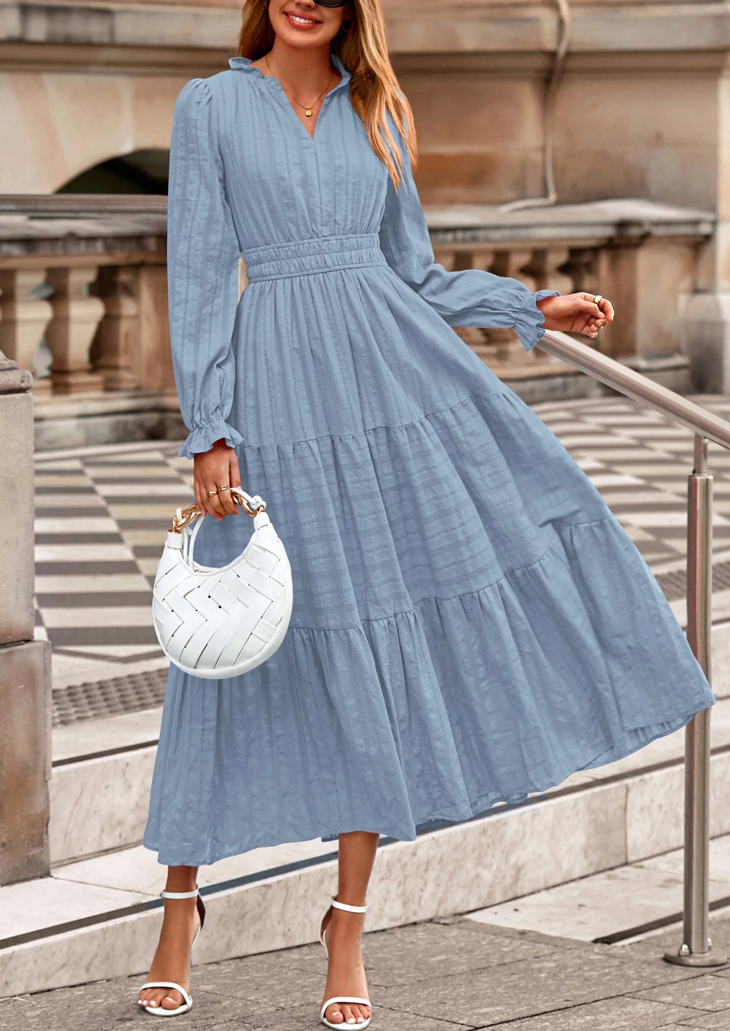 Women's Fall Wedding Guest Dresses Long Sleeve V Neck Flowy Elegant Holiday Party Maxi Dress with Pockets