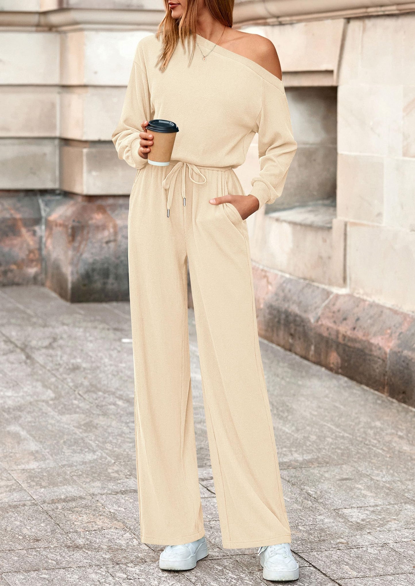 Long Sleeve Jumpsuit For Women Dressy Off Shoulder One Piece Loose Wide Leg Jumpsuits Casual Flowy Romper