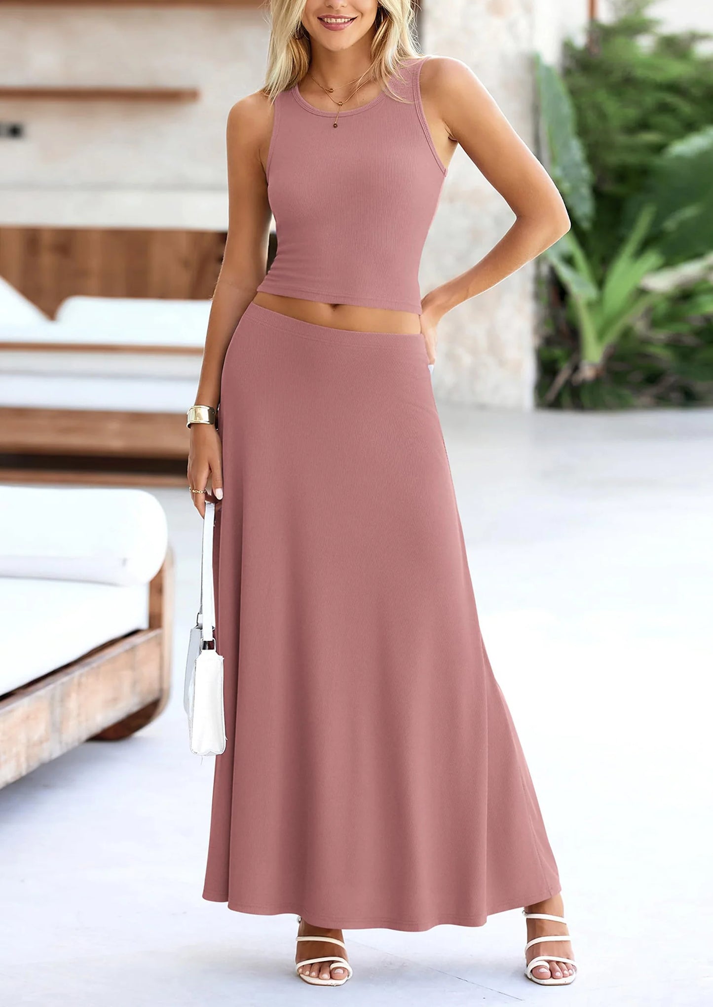 2 Piece Maxi Skirt Sets Casual Knit Cropped Tank Top High Waisted Long Skirts Outfit