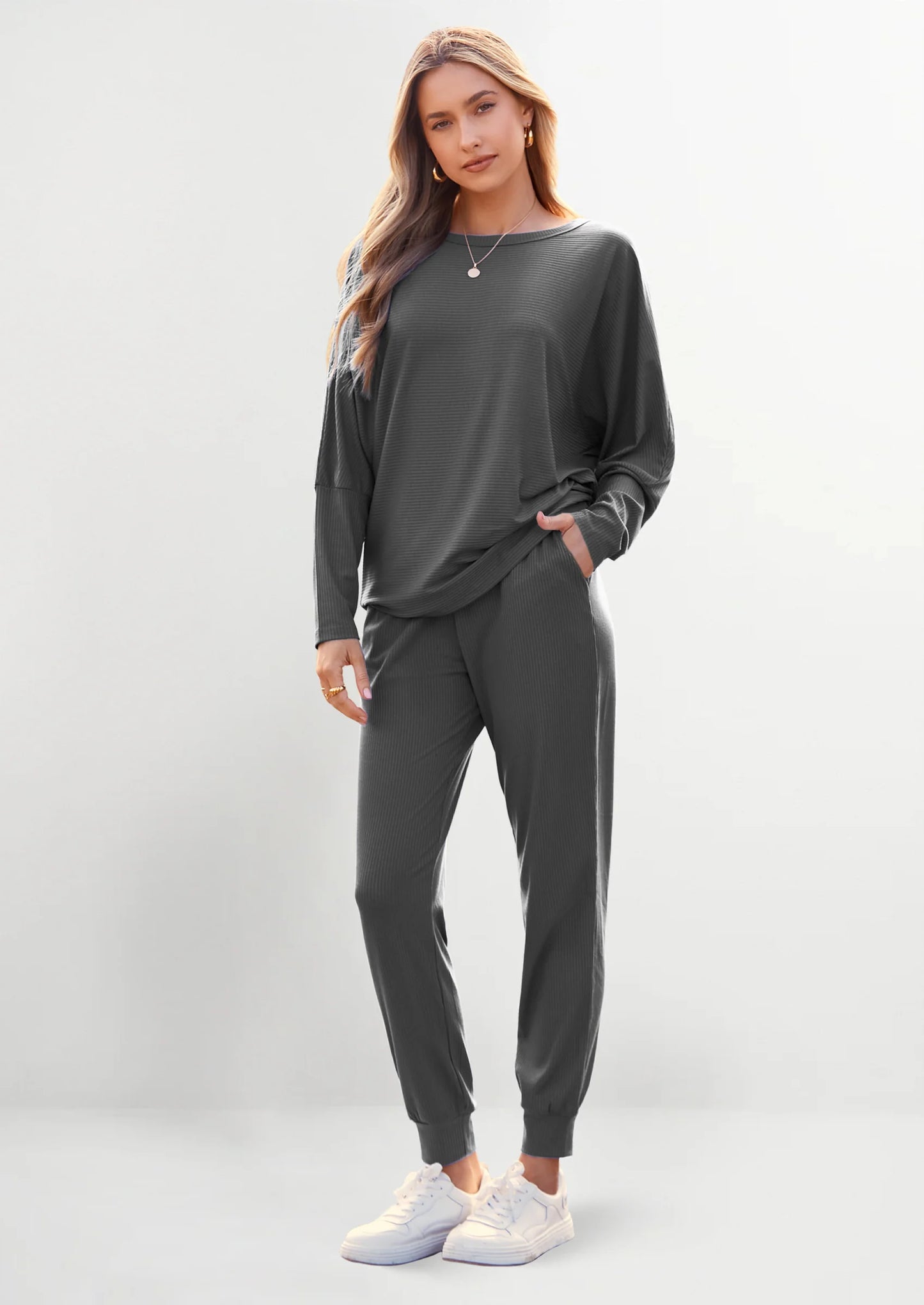 Women's Fall 2 Piece Lounge Set Long Sleeve Tops Ribbed Pants Spring Matching Sweatsuit Travel Outfits Clothes