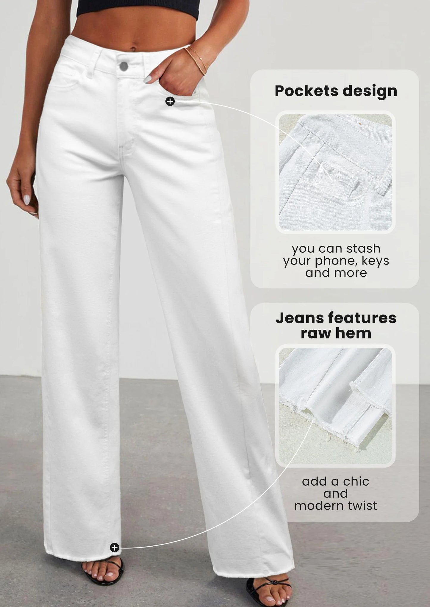 Wide Leg Jeans for Women Trendy High Waisted Stretchy Baggy Raw Hem Denim Palazzo Pants with Pockets