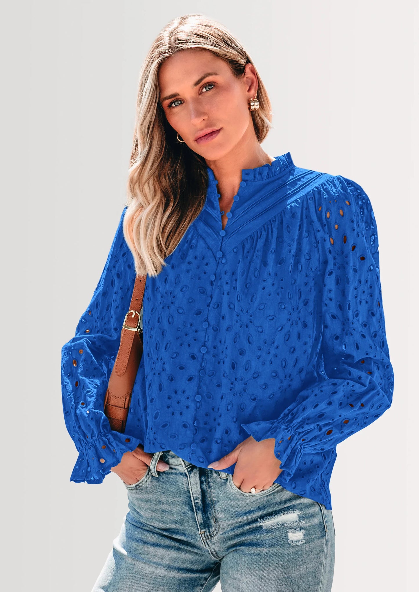 Women's Dressy Casual Blouse Tops Fall Spring Puff Long Sleeve Button V Neck Hollow Out Lace Embroidered Shirts
