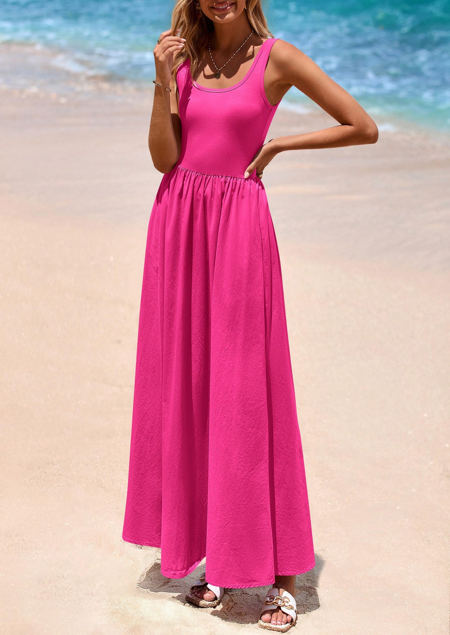 Womens Summer Casual Scoop Neck Sleeveless Long Dresses Tank Top Patchwork Aline Swing Maxi Dress with Pockets