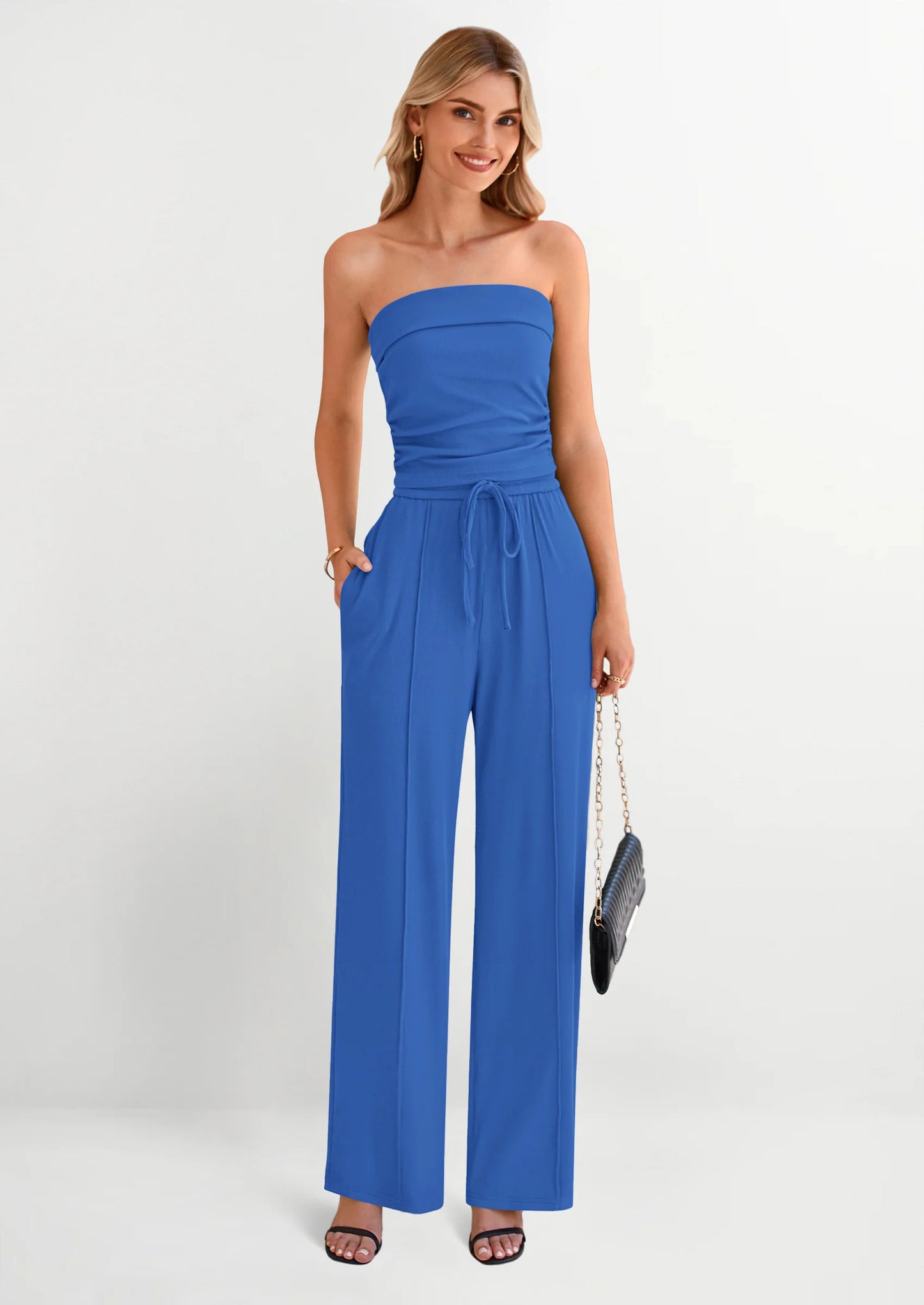 2 Piece Sets Casual Ribbed Knit Crop Tube Top Wide Leg Pants Lounge Set