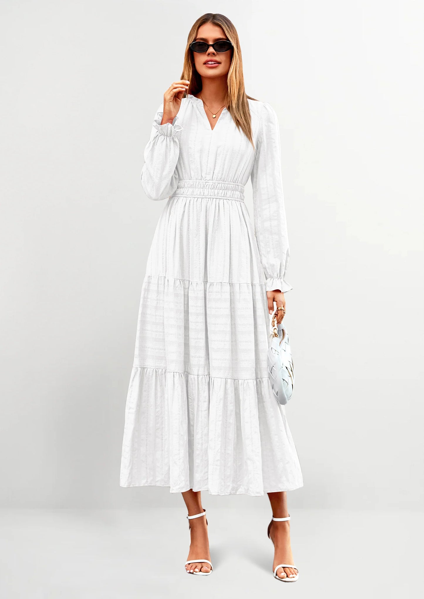 Women's Fall Wedding Guest Dresses Long Sleeve V Neck Flowy Elegant Holiday Party Maxi Dress with Pockets
