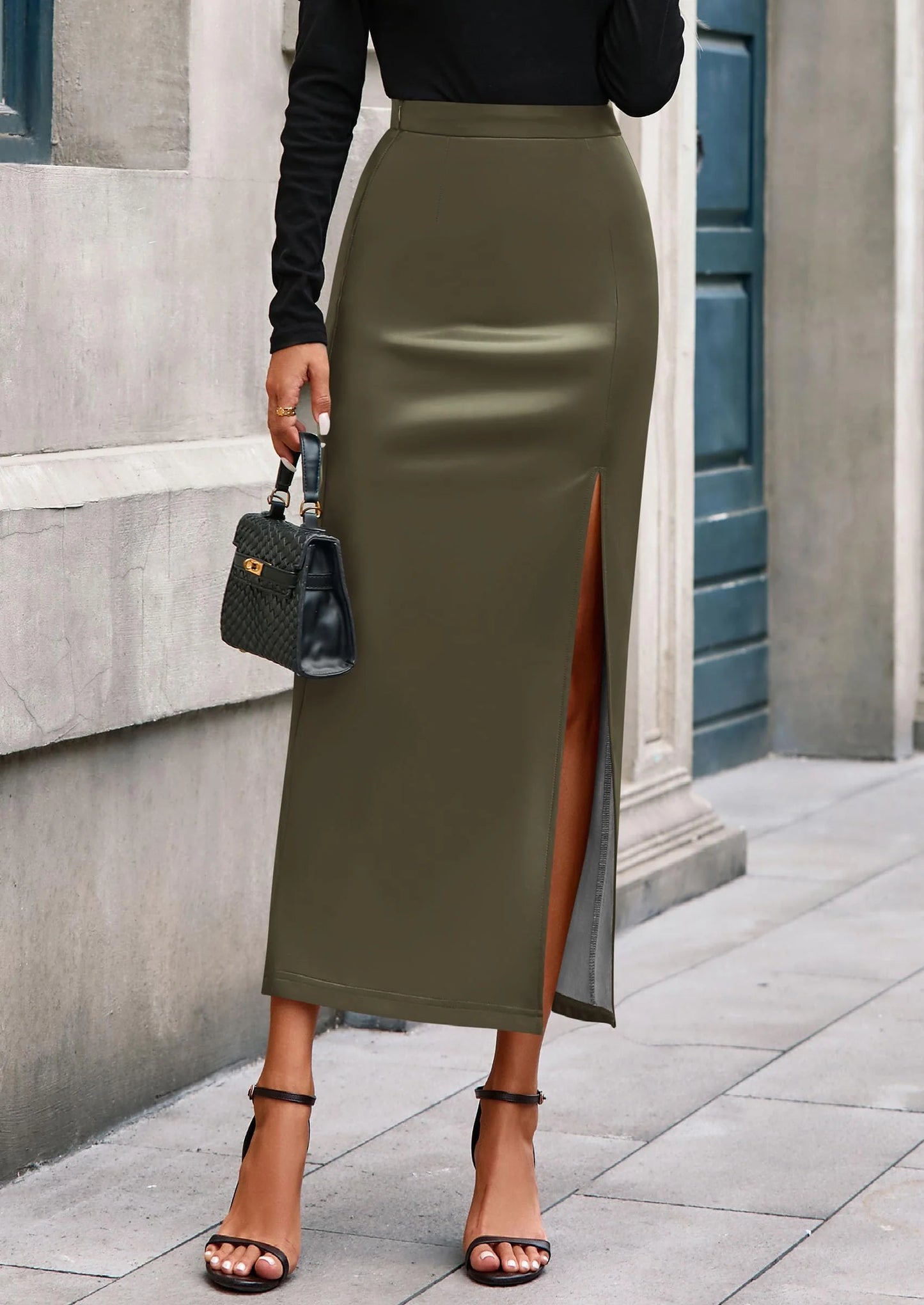 Womens Faux Leather Skirt Fall Bodycon High Waisted Slit Dressy Casual Winter Maxi Long Pencil Skirts