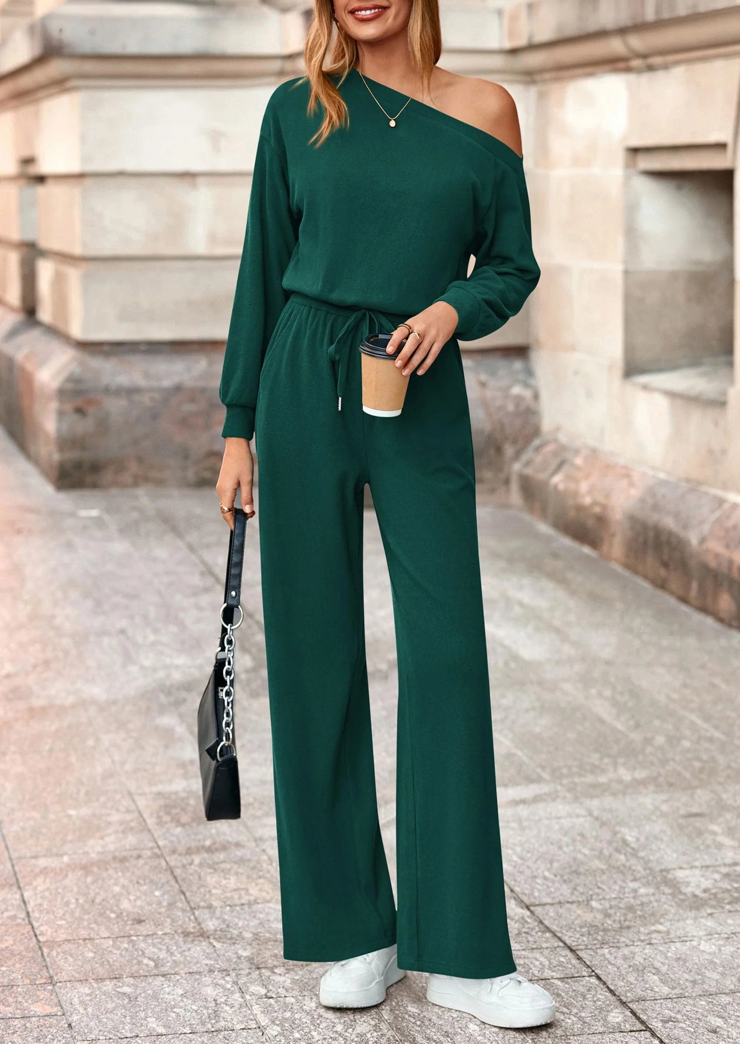 Long Sleeve Jumpsuit For Women Dressy Off Shoulder One Piece Loose Wide Leg Jumpsuits Casual Flowy Romper