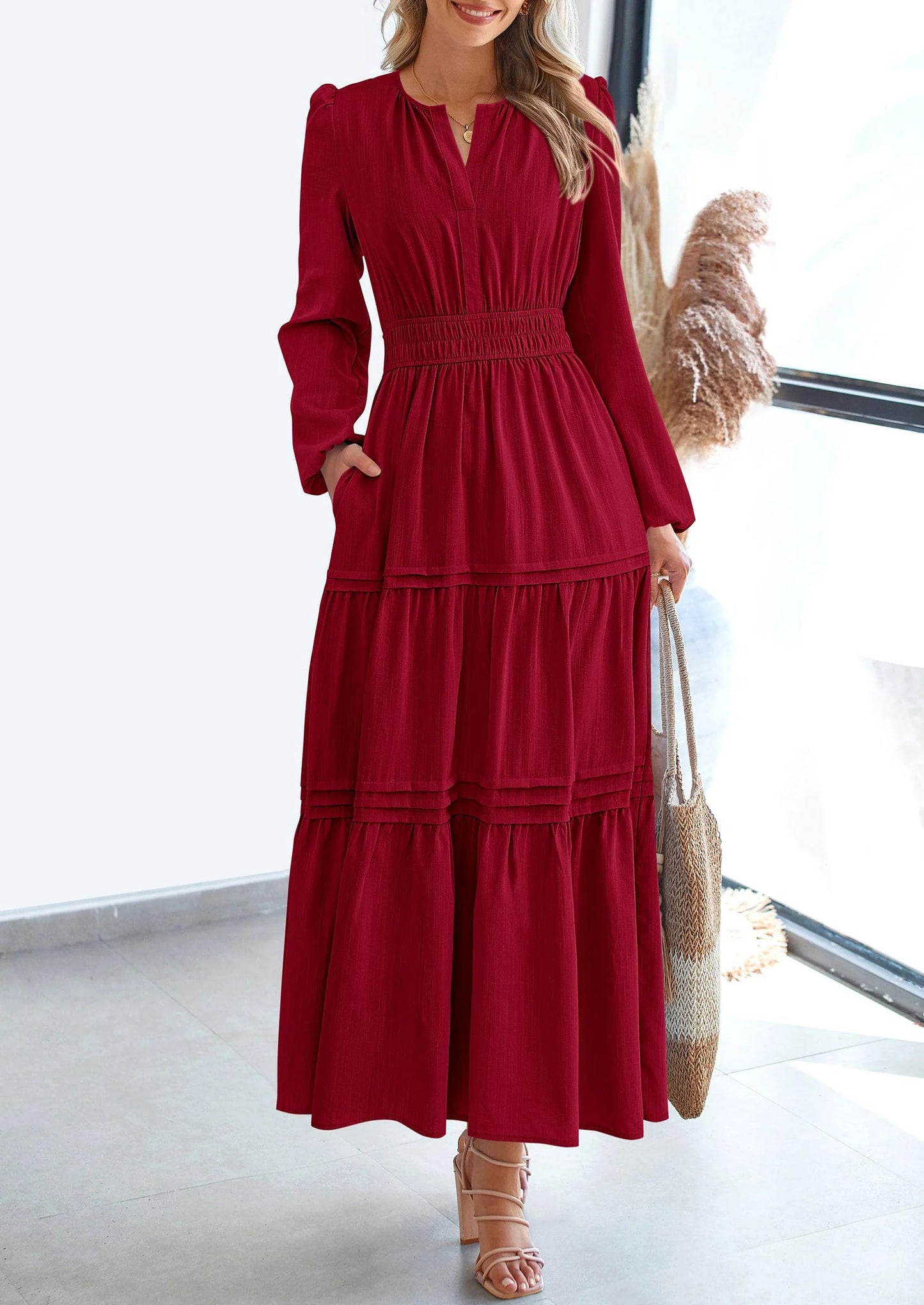 Women's Elegant Maxi Dresses Long Sleeve V Neck Flowy Pockets Casual Modest Dress Fall Fashion Clothes