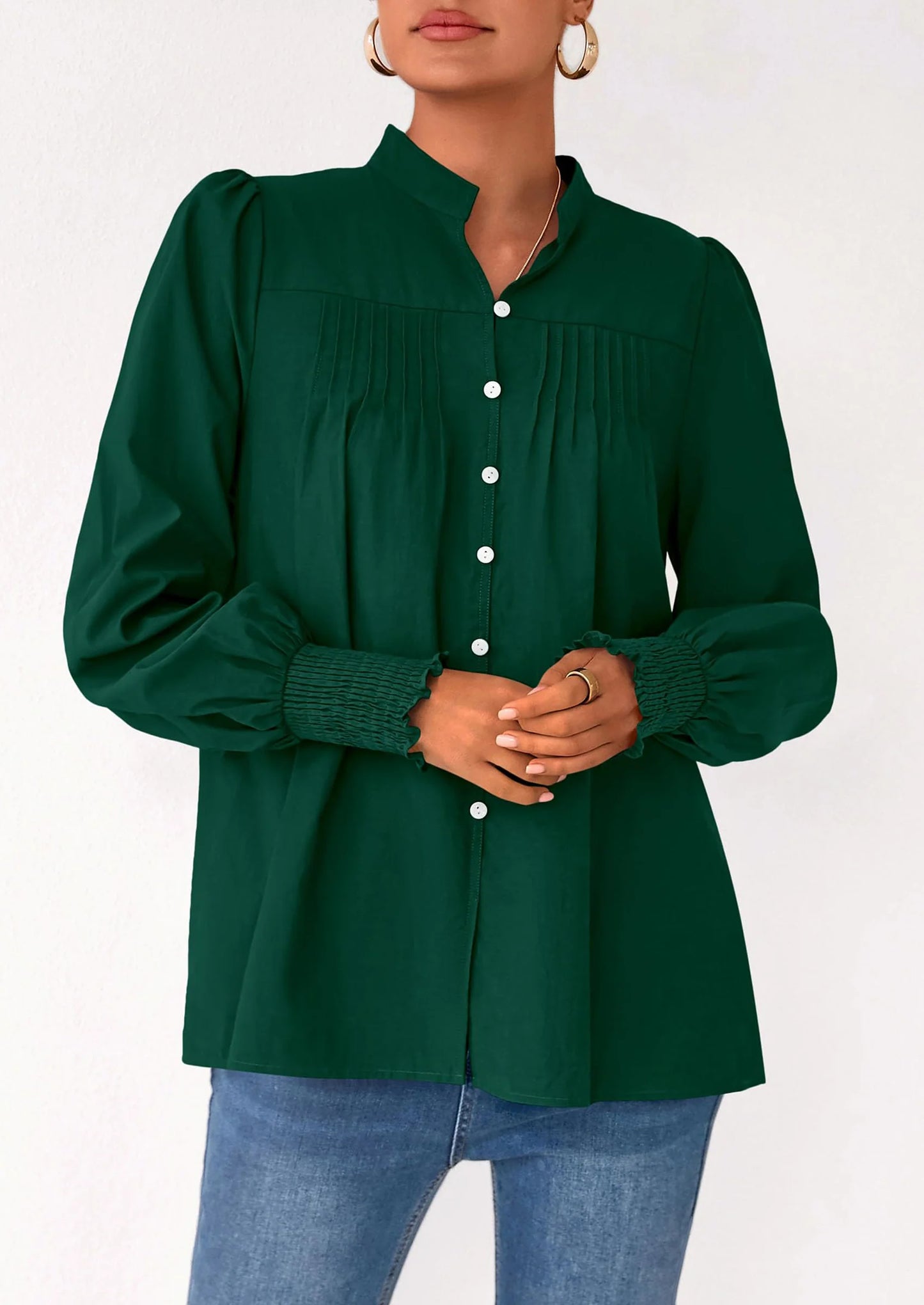 Womens Fall Lantern Long Sleeve Shirts Trendy Button V Neck Pleated Henley Tops Loose Work Blouses