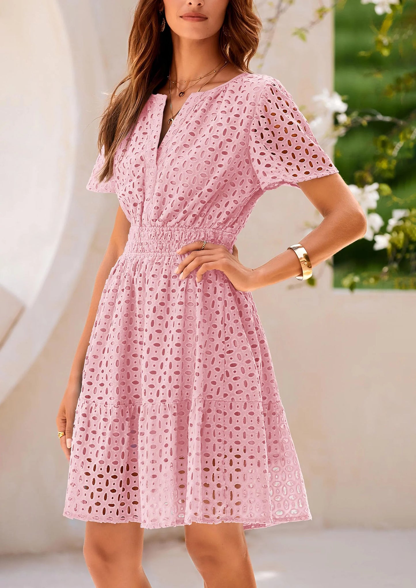 Women Summer Short Dress V Neck Short Sleeve A Line Hollow Out Lace Ruffle Cute Casual Beach Party Dresses