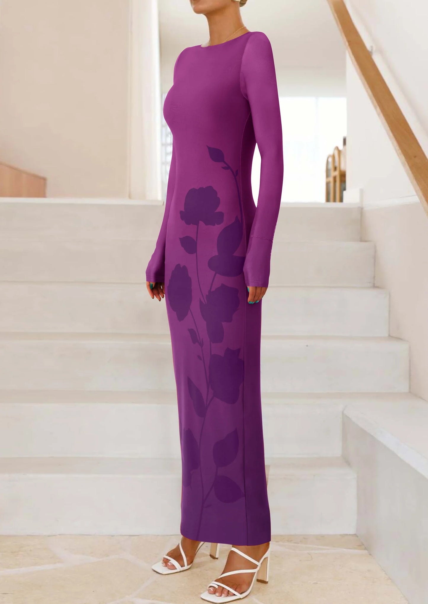 Bodycon Maxi Dress Fall Floral Long Sleeve Sexy Mesh Cocktail Wedding Guest Long Dresses