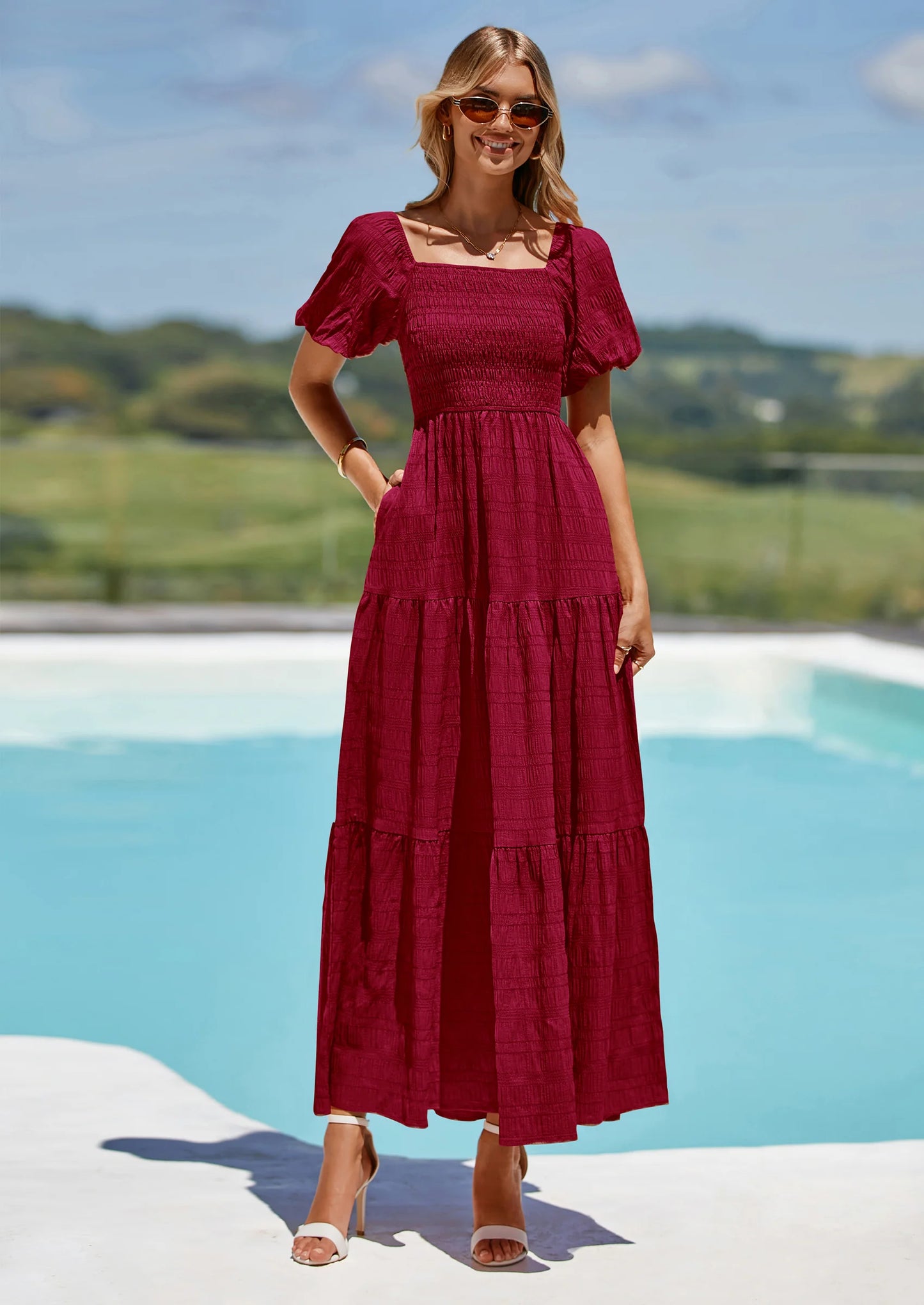 Womens Summer Puff Short Sleeve Maxi Dress Square Neck Smocked Tiered Ruffle A Line Long Flowy Beach Dresses