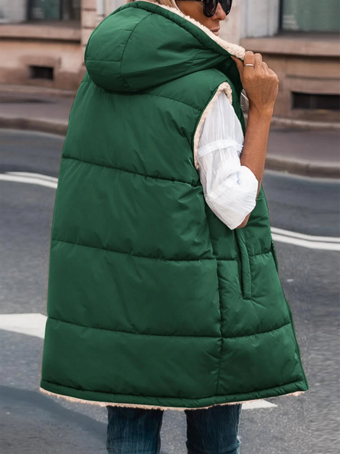Womens Fall Reversible Vests Sleeveless Fleece Jacket Zip Up Hoodie Pockets Long Warm Winter Coat Outerwear