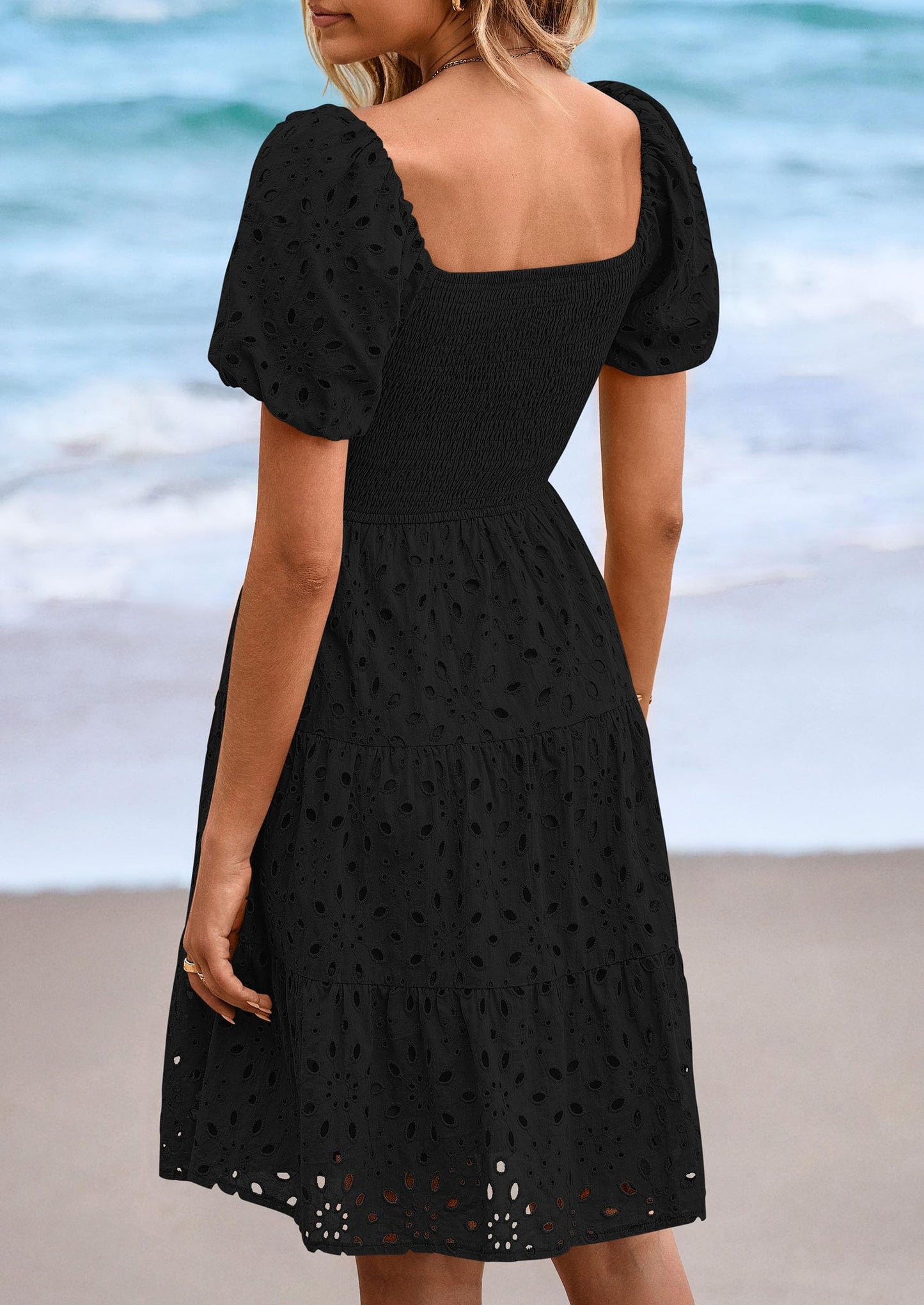 Womens Summer Puff Sleeve Mini Dress Off Shoulder Eyelet Smocked A Line Casual Babydoll Short Dresses