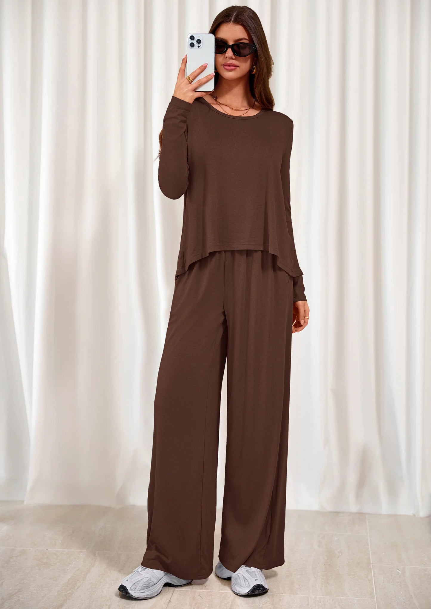 Women's 2 Piece Fall Sets  Casual Long Sleeve Shirts Wide Leg Pants Lounge Travel Outfits Fashion Clothing