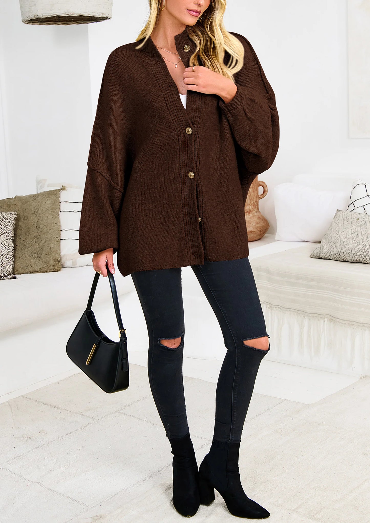 Women's Winter Button Down Cardigan Sweaters Mock Neck Lantern Long Sleeve Chunky Knit Jacket Trendy Outerwear