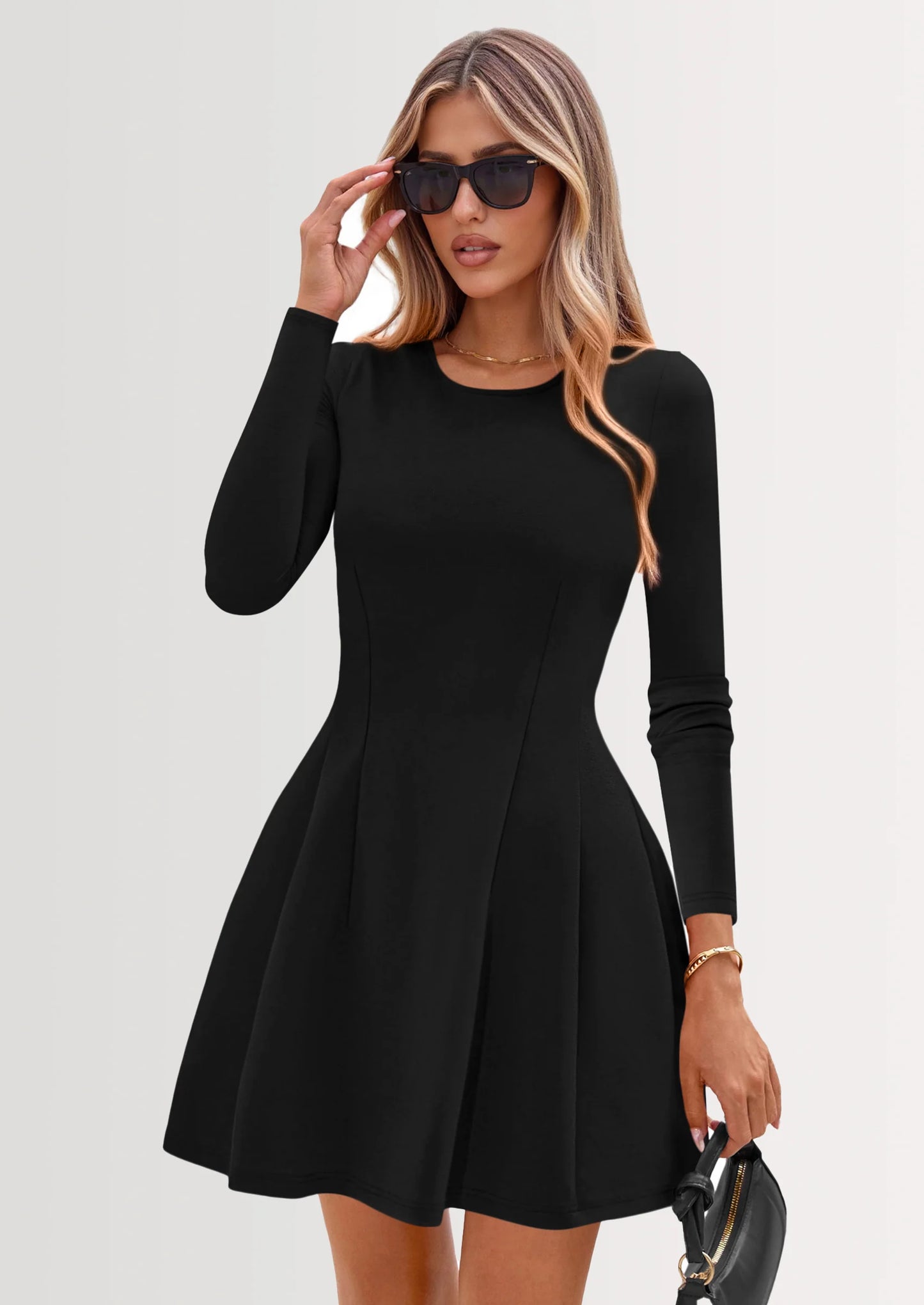Long Sleeve Mini Dress for Women Fall Crewneck Knit Pleated Babydoll A Line Soft Casual Short Party Dresses