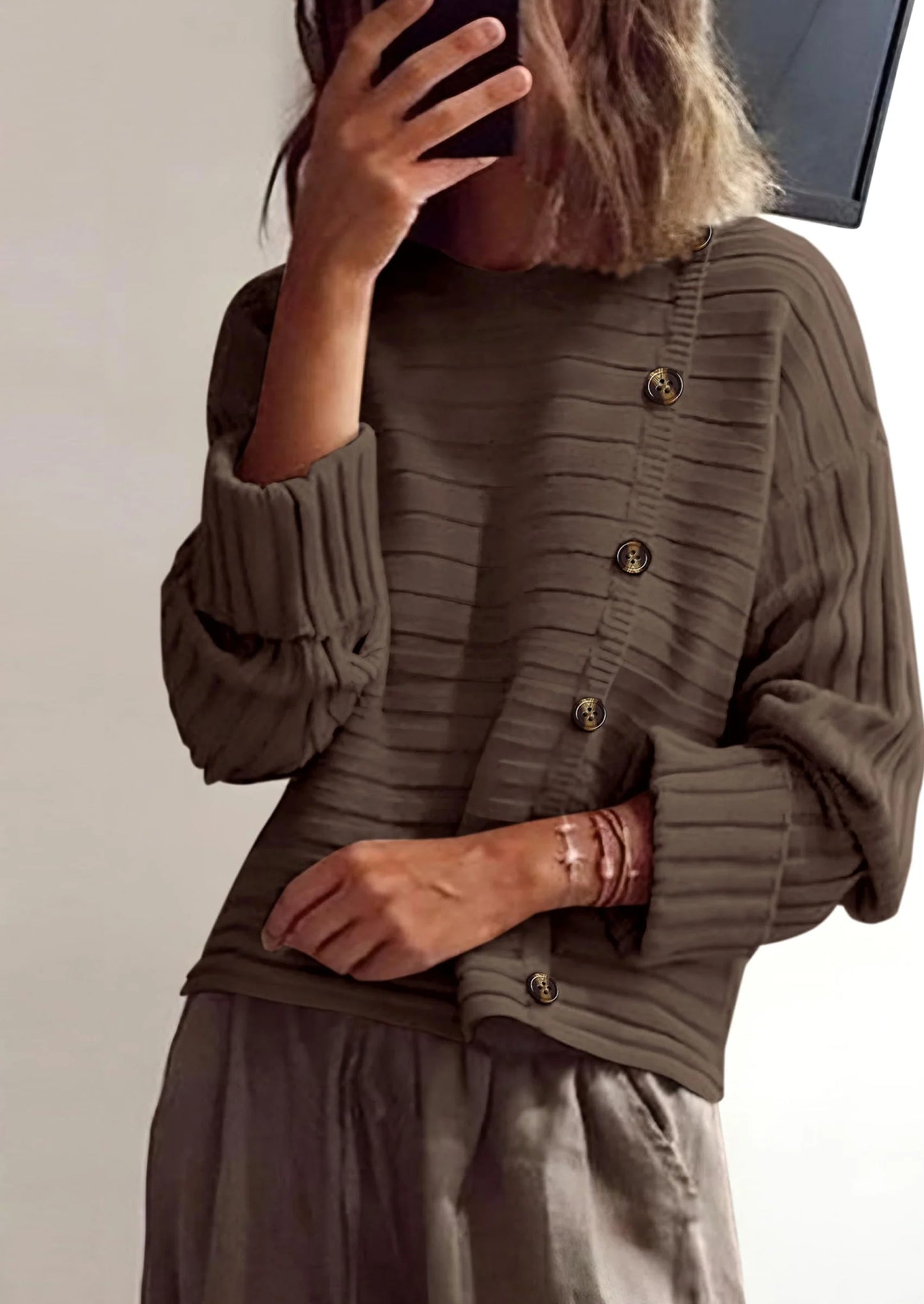 Womens Sweaters Fall Casual Long Sleeve Crewneck Button Loose Winter Knit Pullover Sweater Tops