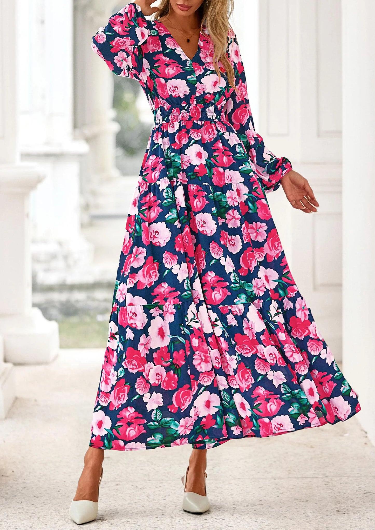 Long Sleeve Maxi Fall Dresses for Women Vneck Smocked Boho Floral Tiered Swing Flowy Wedding Guest Dress
