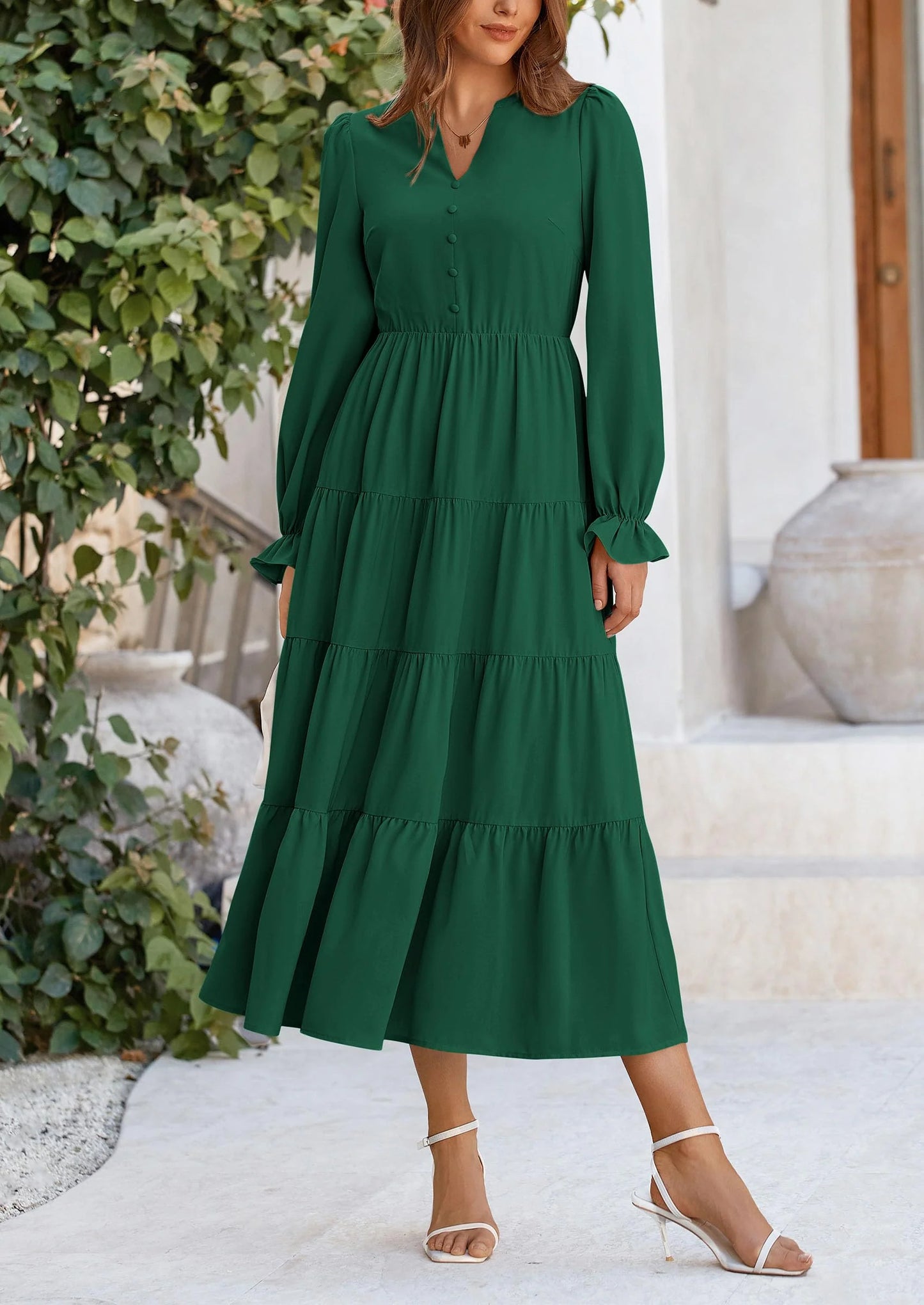 Women Fall Long Sleeve Smocked Maxi Dress Casual Square Neck Swiss Dot Tiered Ruffle Flowy Spring Pocket Dresses