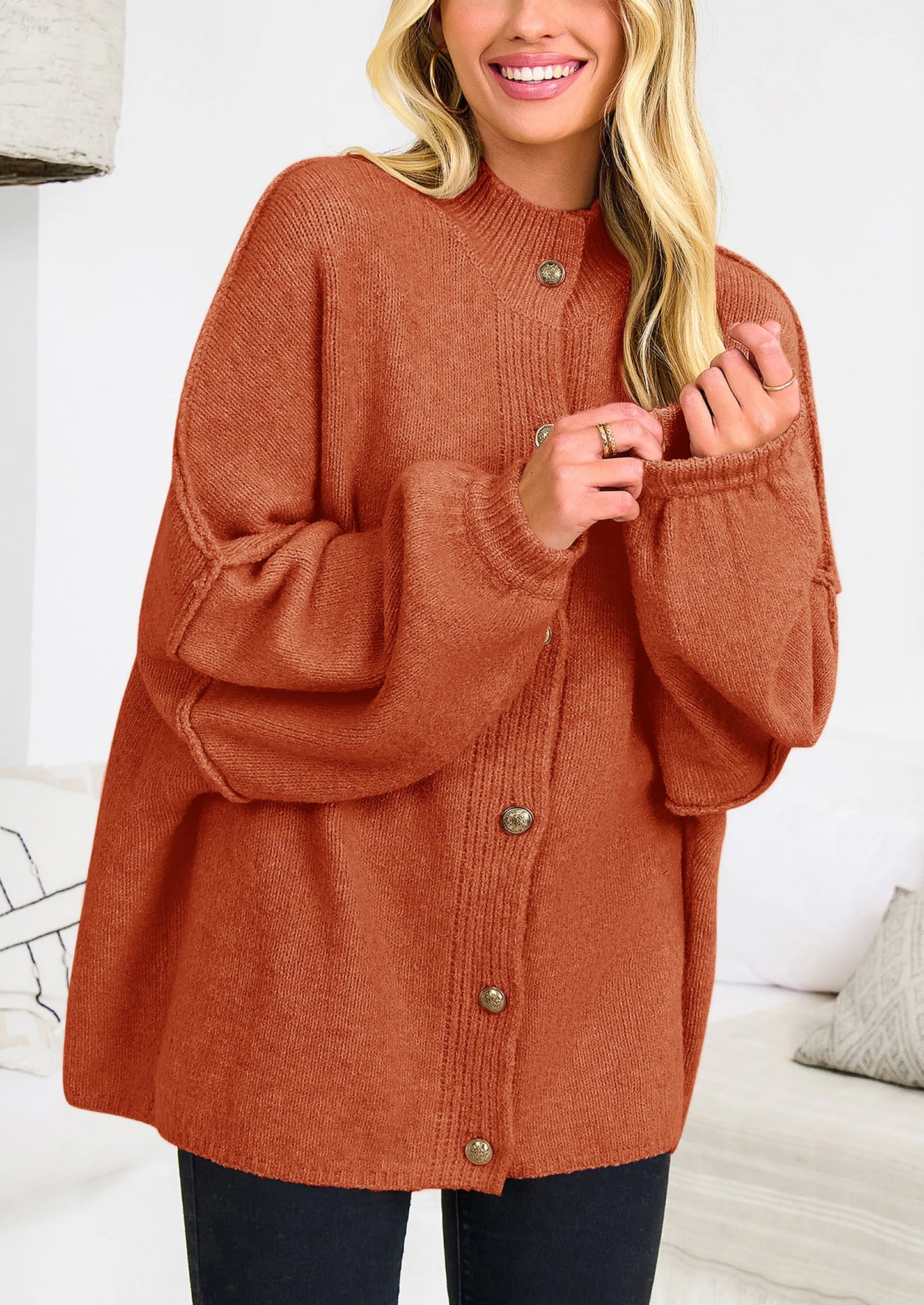 Women's Winter Button Down Cardigan Sweaters Mock Neck Lantern Long Sleeve Chunky Knit Jacket Trendy Outerwear