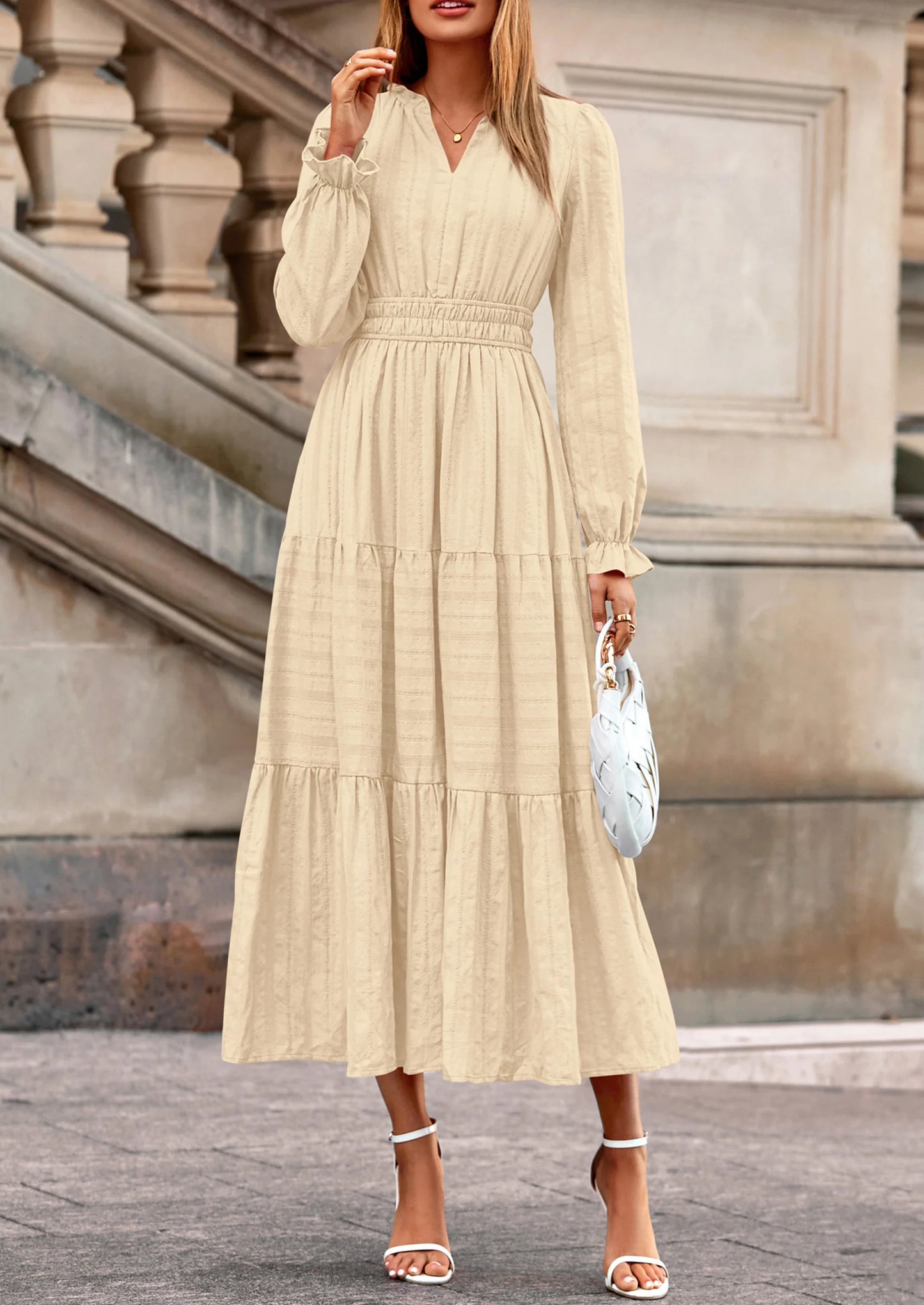 Women's Fall Wedding Guest Dresses Long Sleeve V Neck Flowy Elegant Holiday Party Maxi Dress with Pockets
