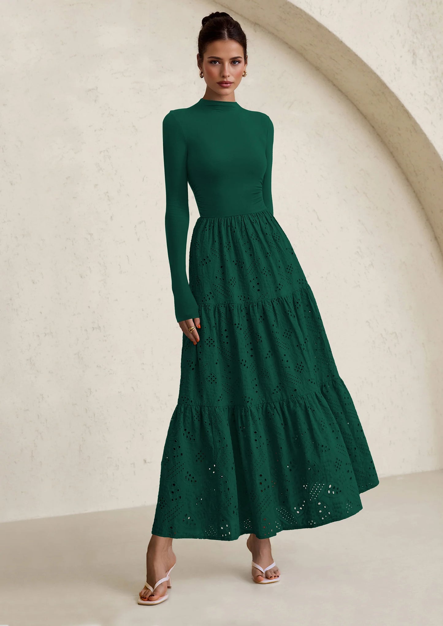Long Sleeve Dress for Women Fall Eyelet Mock Neck A Line Elegant Classy Maxi Wedding Guest Dresses Pockets