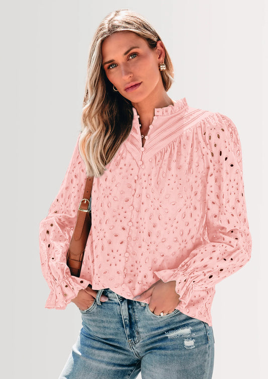 Women's Dressy Casual Blouse Tops Fall Spring Puff Long Sleeve Button V Neck Hollow Out Lace Embroidered Shirts