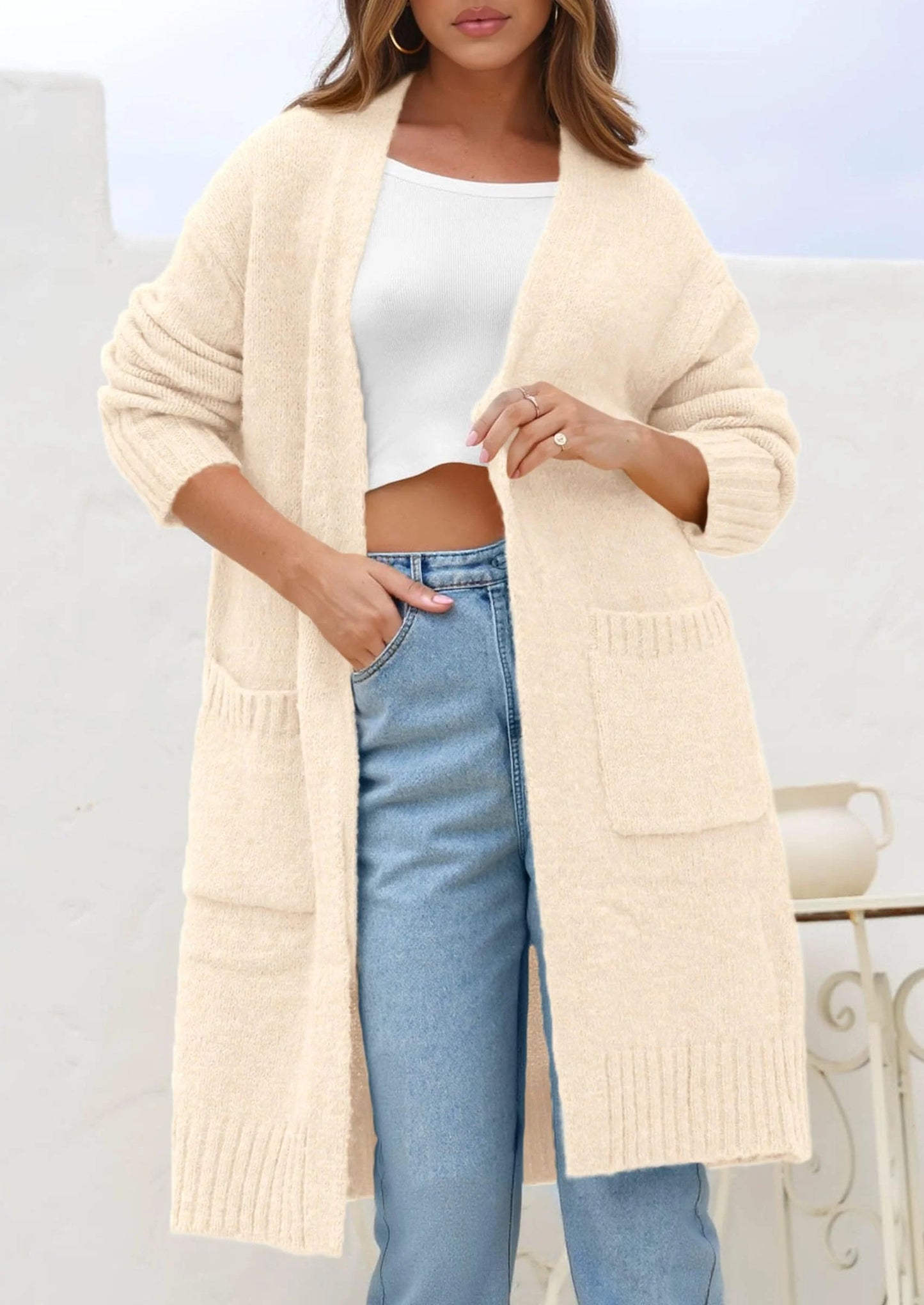 Fall Long Sleeve Cardigan Sweaters for Women Trendy Winter Open Front Loose Knitted Cardigans with Pockets