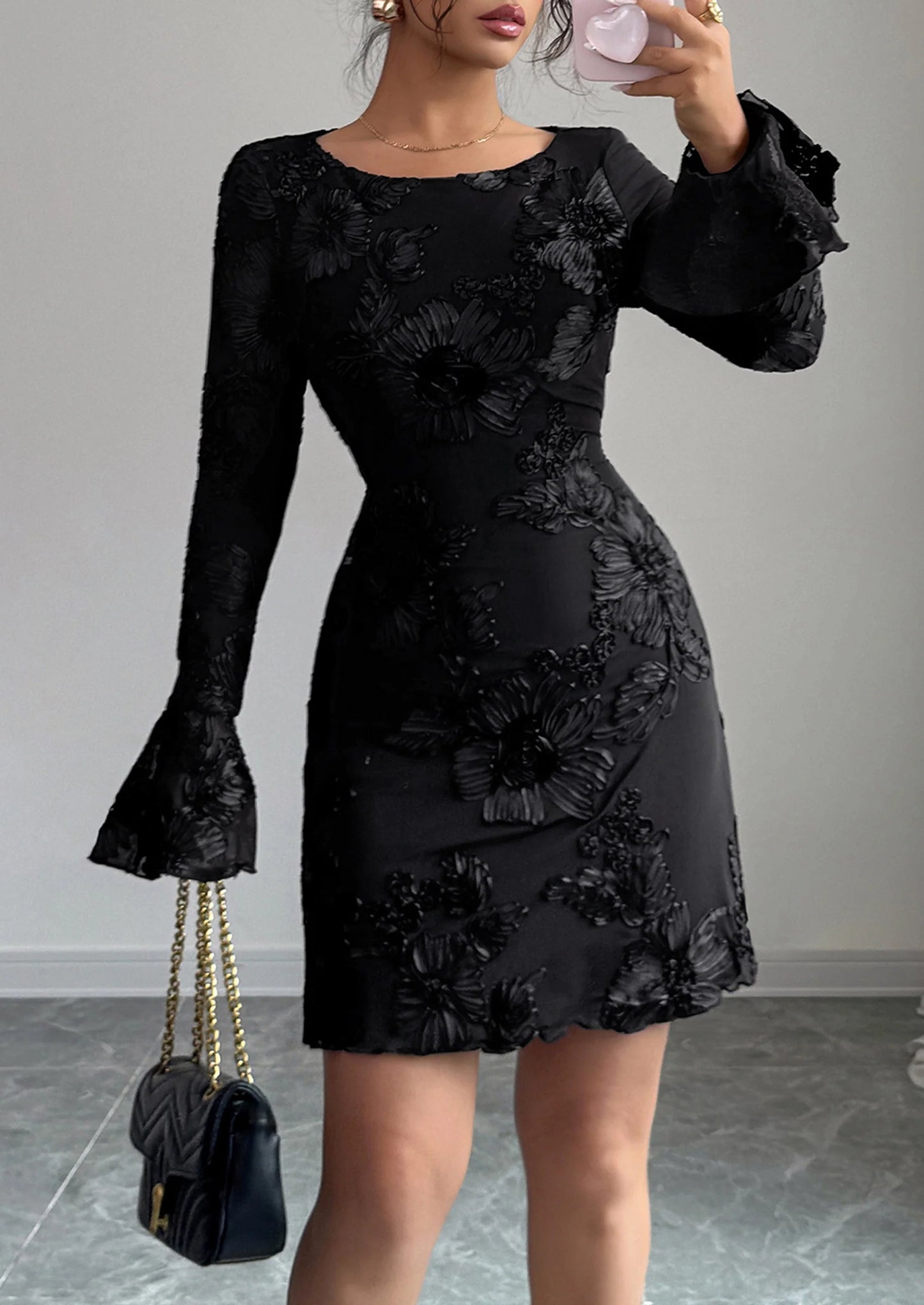 Women's Floral Embroidered Dress Fall Long Bell Sleeve Ribbon Flower Mini Short Mesh Bodycon Party Dresses