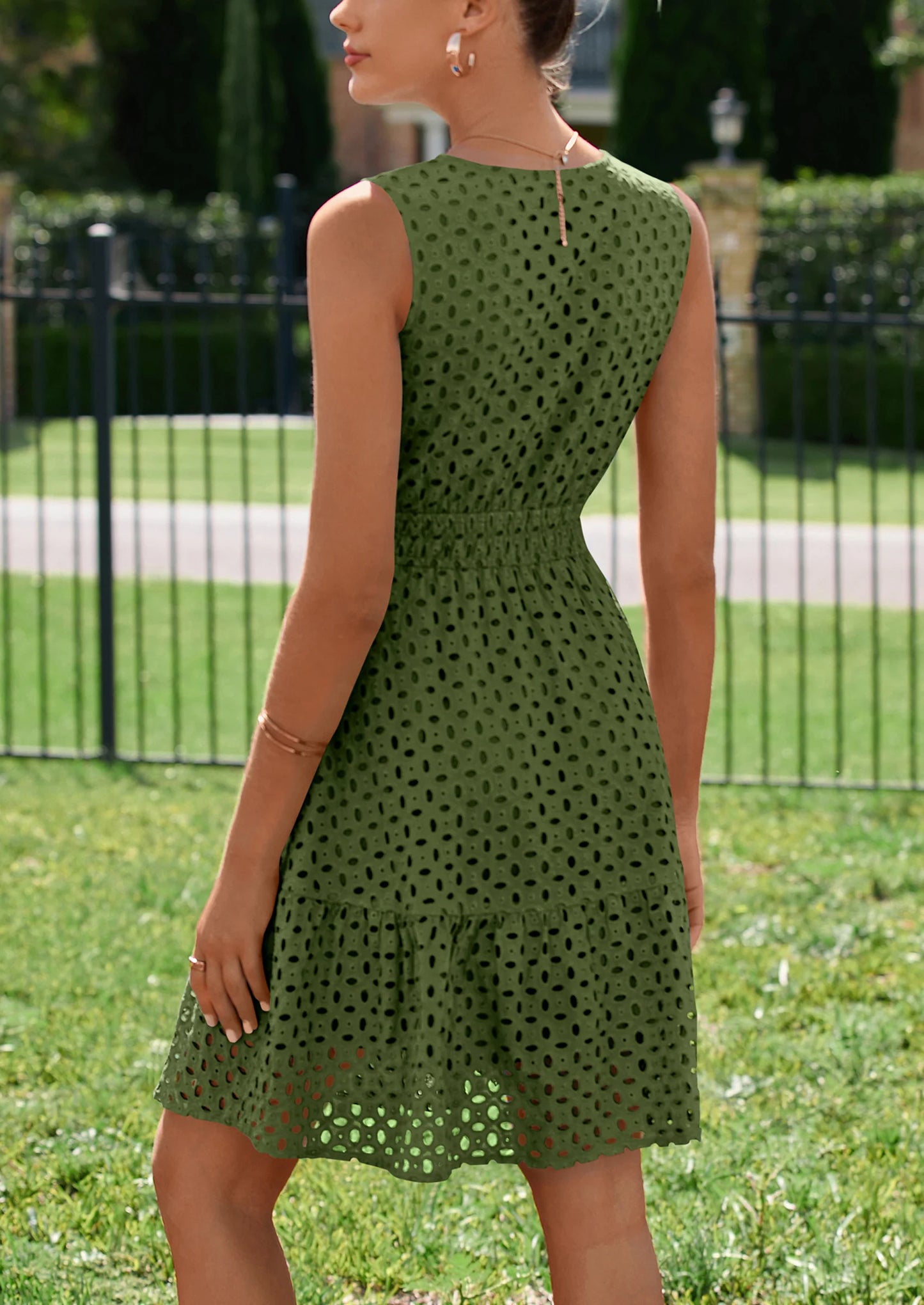 Women's Summer Dresses Sleeveless V Neck Eyelet Hollow Out Swing A Line Beach Vacation Sun Dress