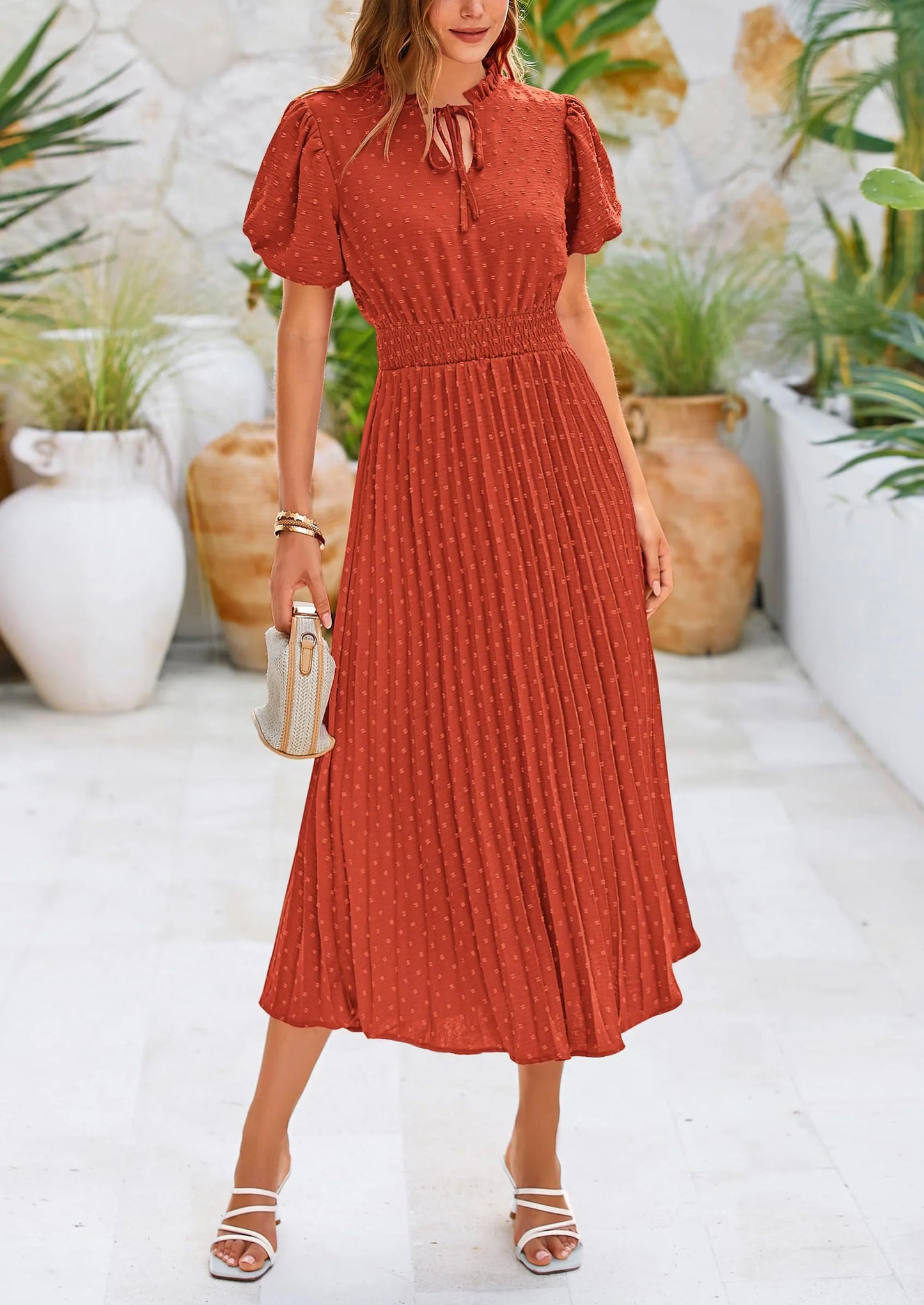 Womens Midi Dresses Puff Short Sleeve V Neck Swiss Dot Pleated A Line Flowy Long Wedding Guest Dress