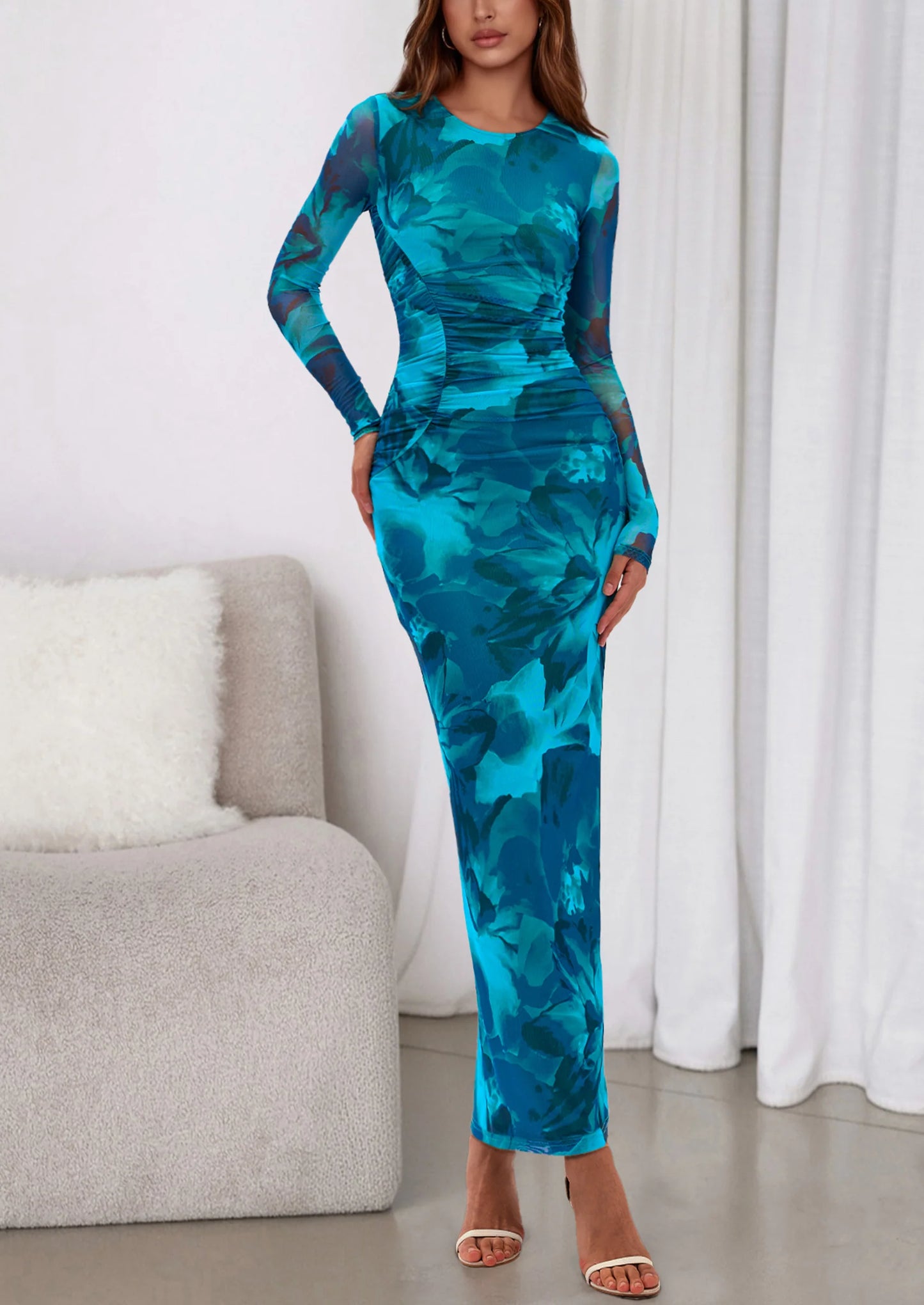 Women's Fall Wedding Guest Dresses Long Sleeve Fitted Ruched Slit Bodycon Mesh Floral Party Maxi Dress