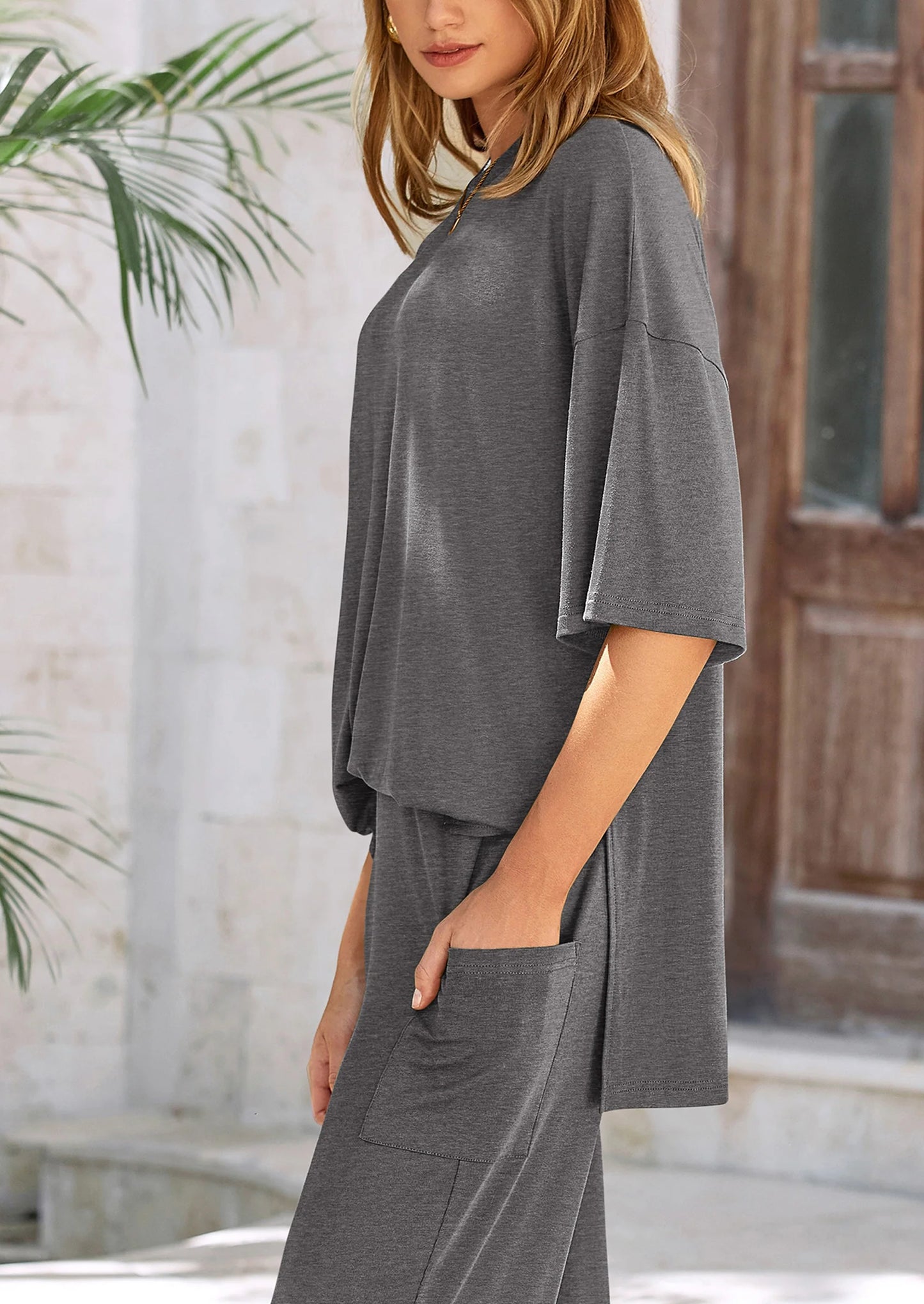 Women's 2 Piece Outfits Casual Short Sleeve Pullover Tops and Wide Leg Pants Lounge Sets Tracksuits