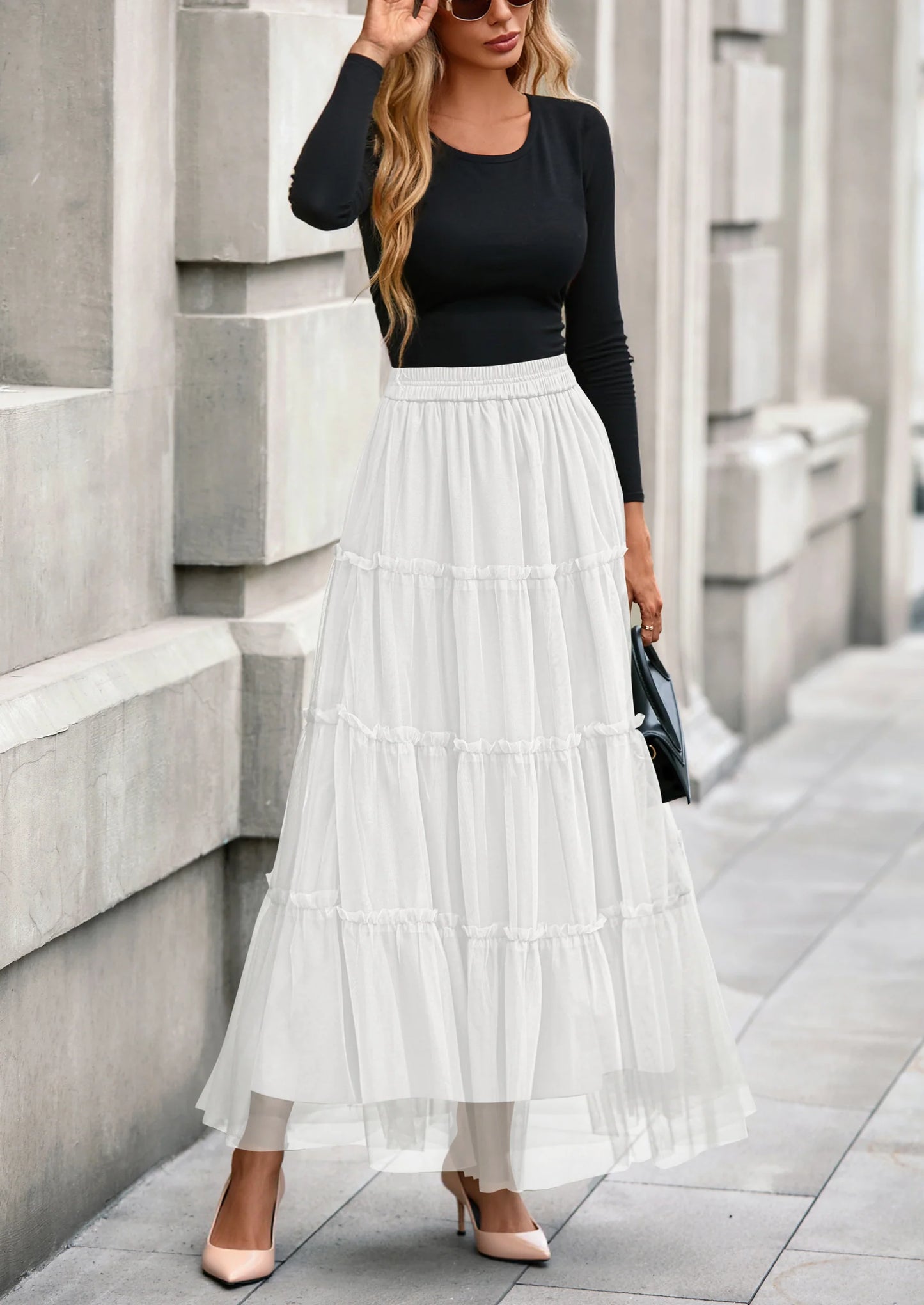 Maxi Skirts for Women Fall Tulle High Waisted Ruffle Flowy A-Line Long Skirt Country Concert Outfits