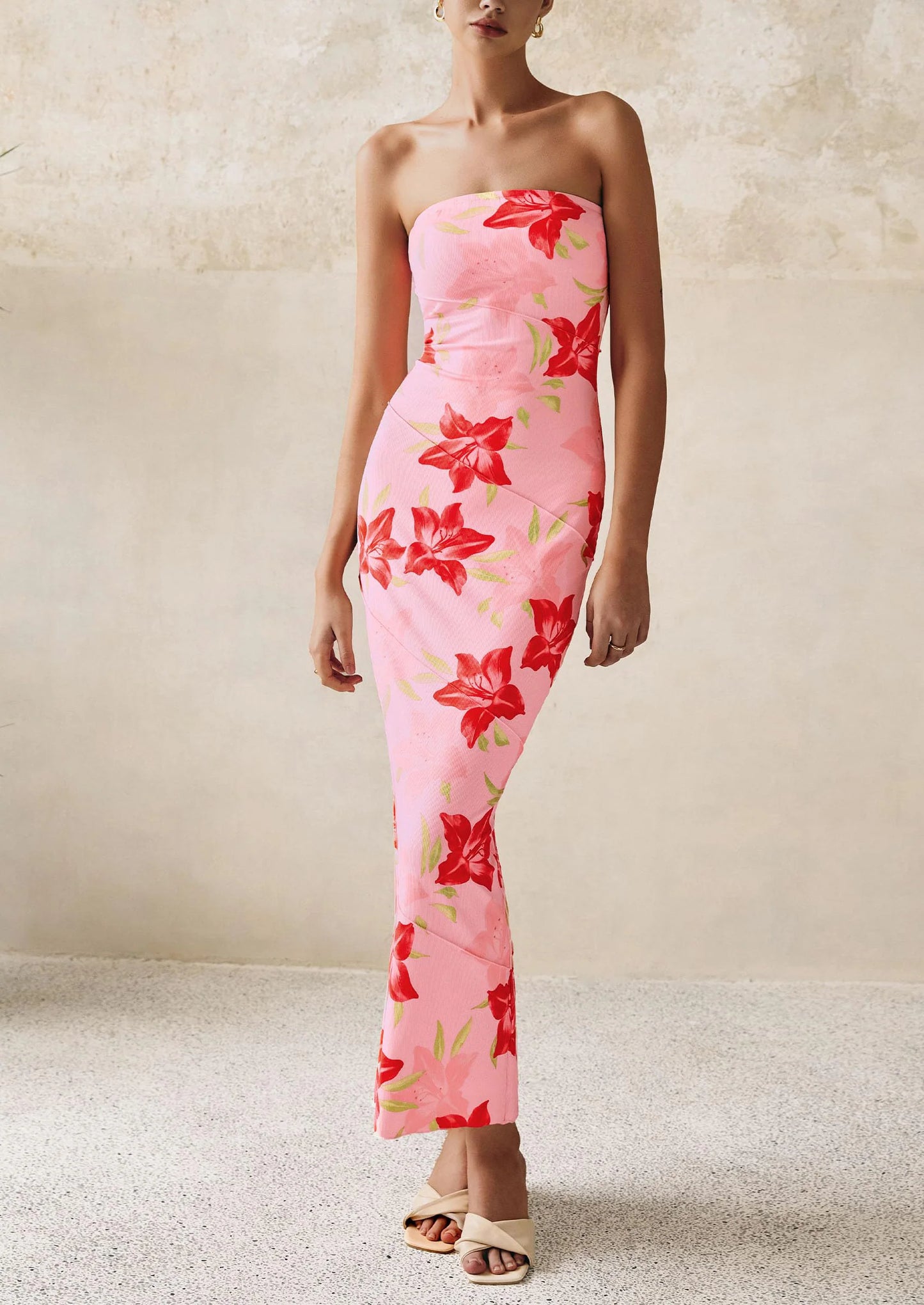 Women's Floral Bodycon Maxi Dresses Ribbed Strapless Tube Casual Boho Party Long Dress