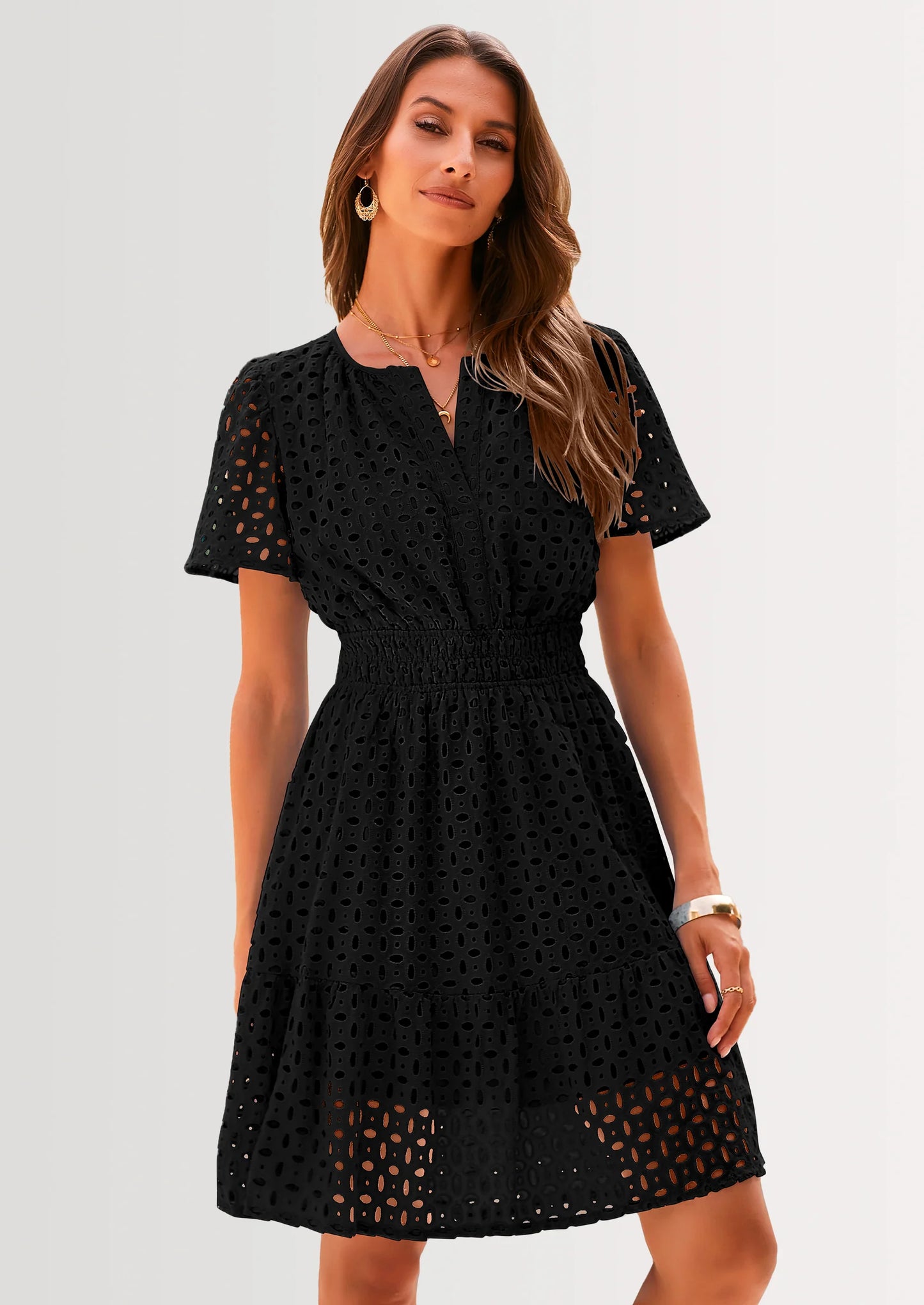 Women Summer Short Dress V Neck Short Sleeve A Line Hollow Out Lace Ruffle Cute Casual Beach Party Dresses