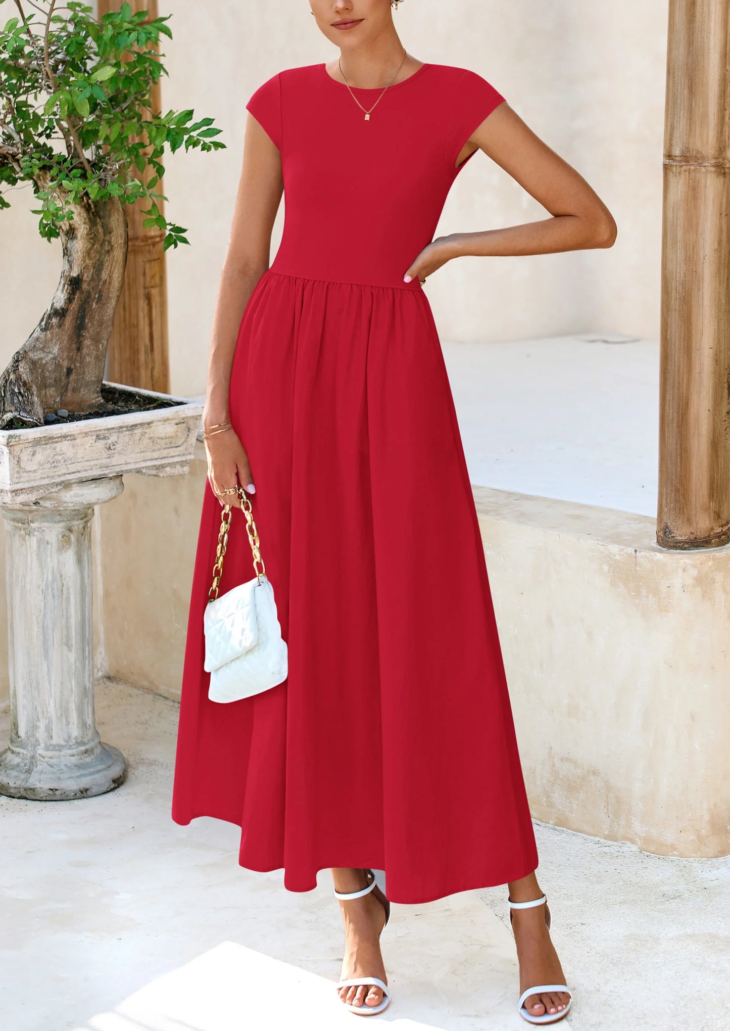 Women's Casual Long Dresses Cap Sleeve Patchwork A Line Flowy Modest Elegant Homecoming Maxi Dress